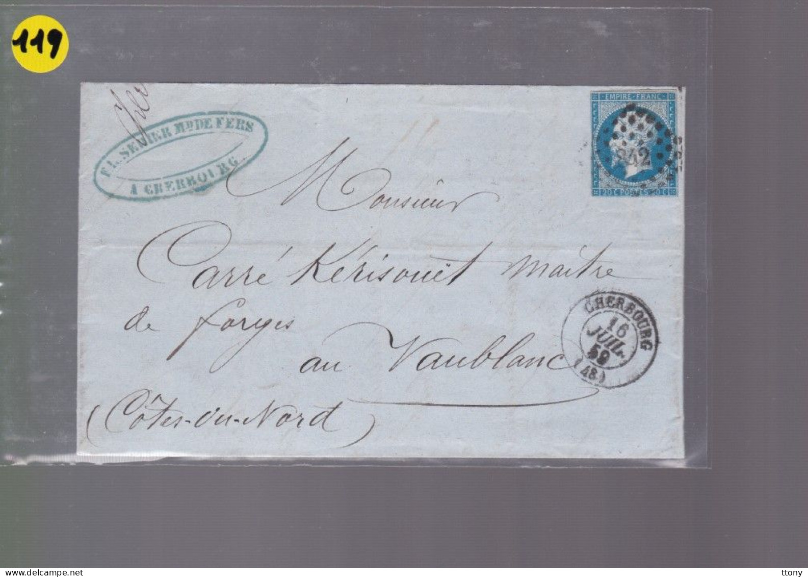 Un Timbre N° 14 Napoléon III     20 C   Bleu  Sur Lettre    Pour   Vaublanc   1859   Pc 1842 - 1853-1860 Napoleon III