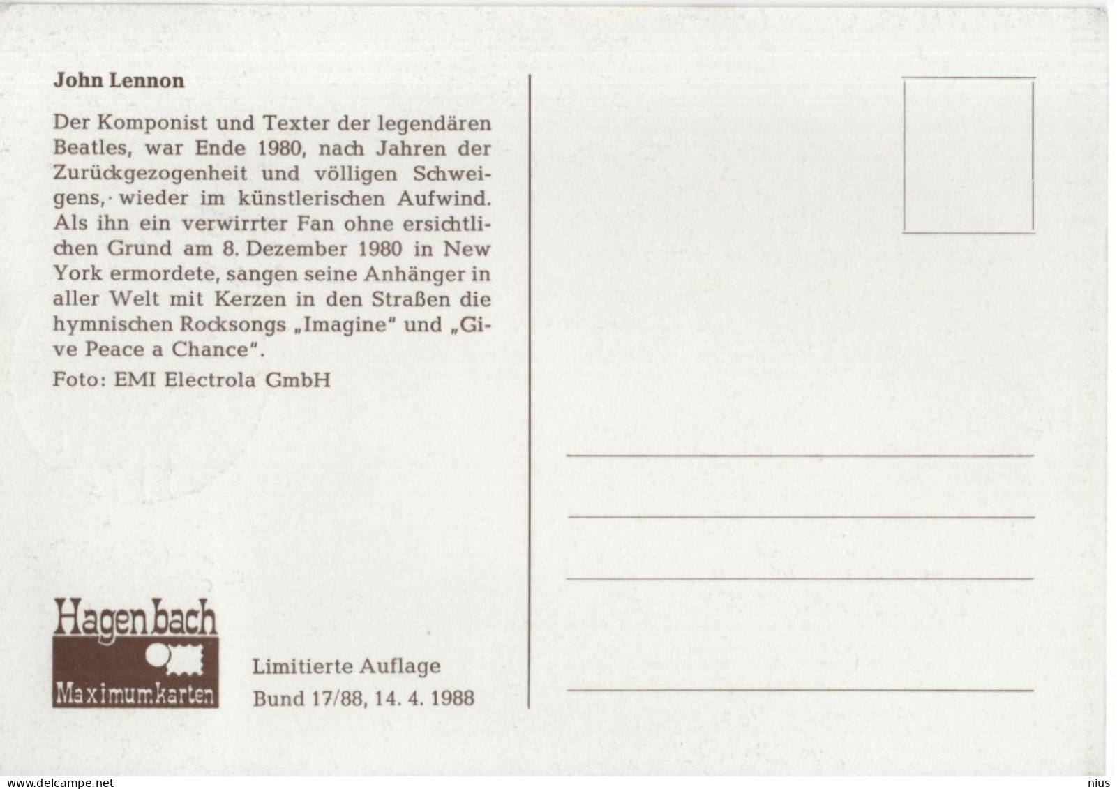 Germany Deutschland 1988 Maximum Card, John Lennon Beatles, Music Musik, Canceled In Bonn - 1981-2000