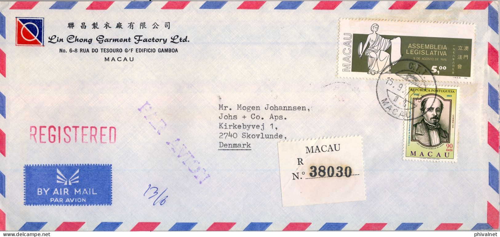 1977 MACAO , SOBRE CERTIFICADO A SKOVLUNDE , YV. 438 , 418 - ASAMBLEA LEGISLATIVA , REBELLO DA SILVA , CORREO AÉREO - Brieven En Documenten