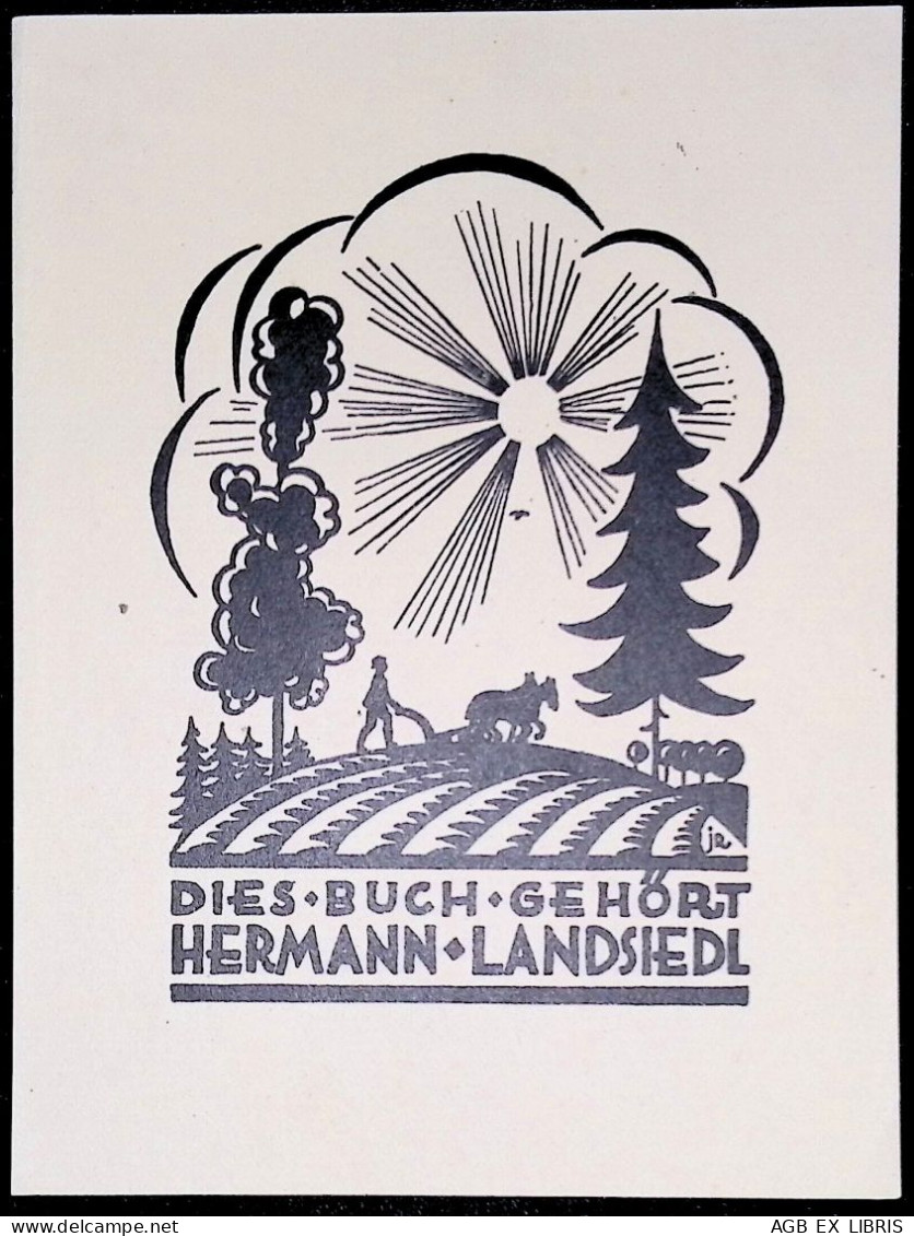 1925 EX LIBRIS JORG REITTER X HERMANN LANDSIEDL EXLIBRIS PROFILO ALBERI ARATRO ARATORE TRA  ALBERI SOLE - Bookplates