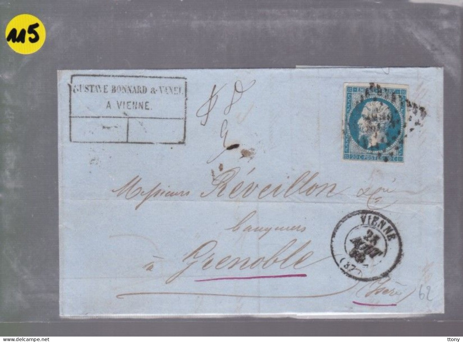 Un Timbre N° 14 Napoléon III     20 C   Bleu  Sur Lettre    Pour   Grenoble    1859 - 1853-1860 Napoleon III