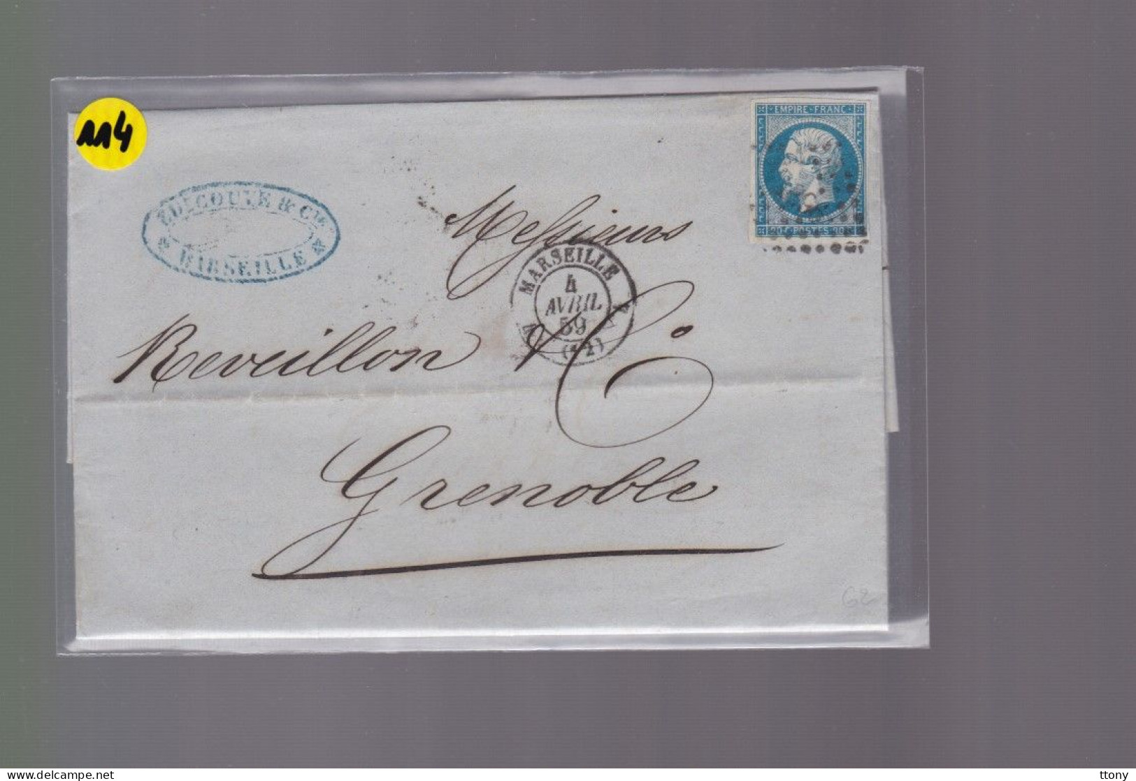 Un Timbre N° 14 Napoléon III     20 C   Bleu  Sur Lettre    Pour   Grenoble    1859 - 1853-1860 Napoleon III