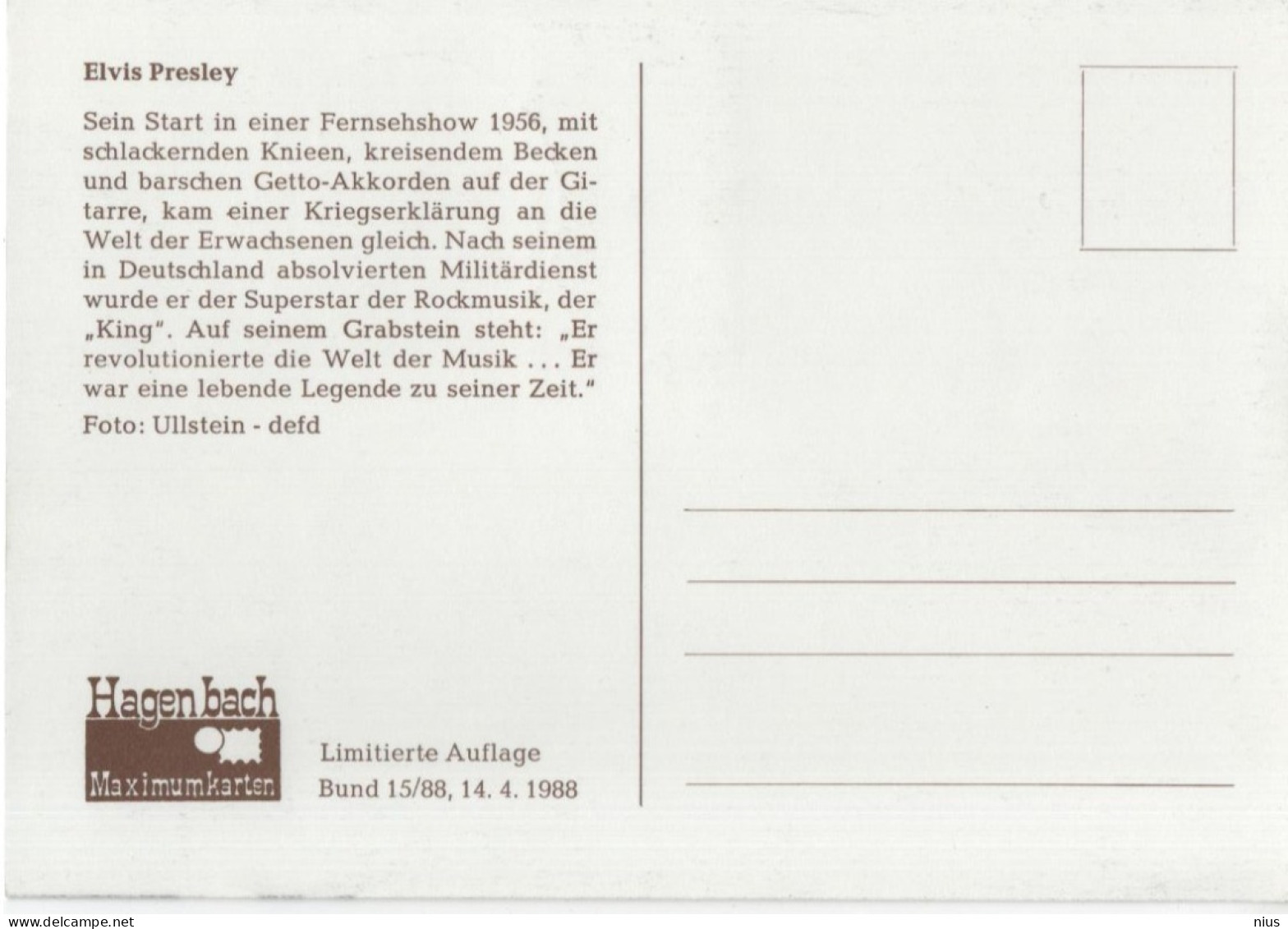 Germany Deutschland 1988 Maximum Card, Elvis Presley, Music Musik, Canceled In Bonn - 1981-2000