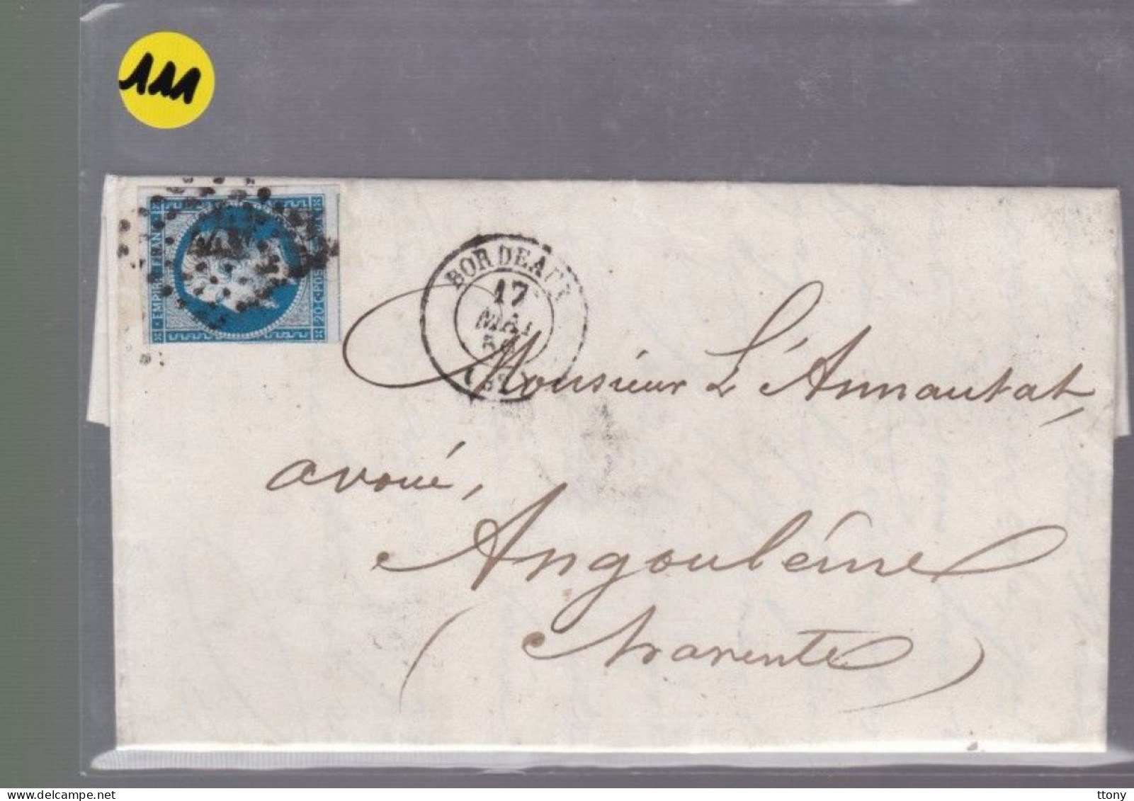 Un Timbre N° 14 Napoléon III     20 C   Bleu  Sur Lettre    Pour  Angoulême       1859 - 1853-1860 Napoleon III