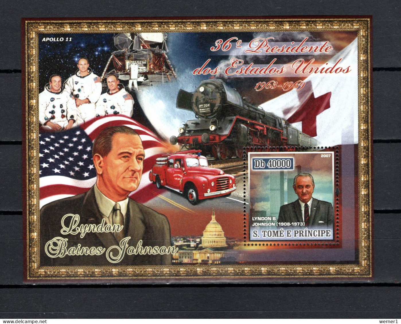 Sao Tome E Principe (St. Thomas & Prince) 2007 Space, Lyndon B. Johnson, Trains S/s MNH - Afrika