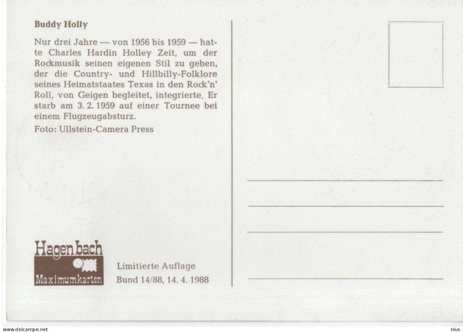 Germany Deutschland 1988 Maximum Card, Buddy Holly, Music Musik, Canceled In Bonn - 1981-2000