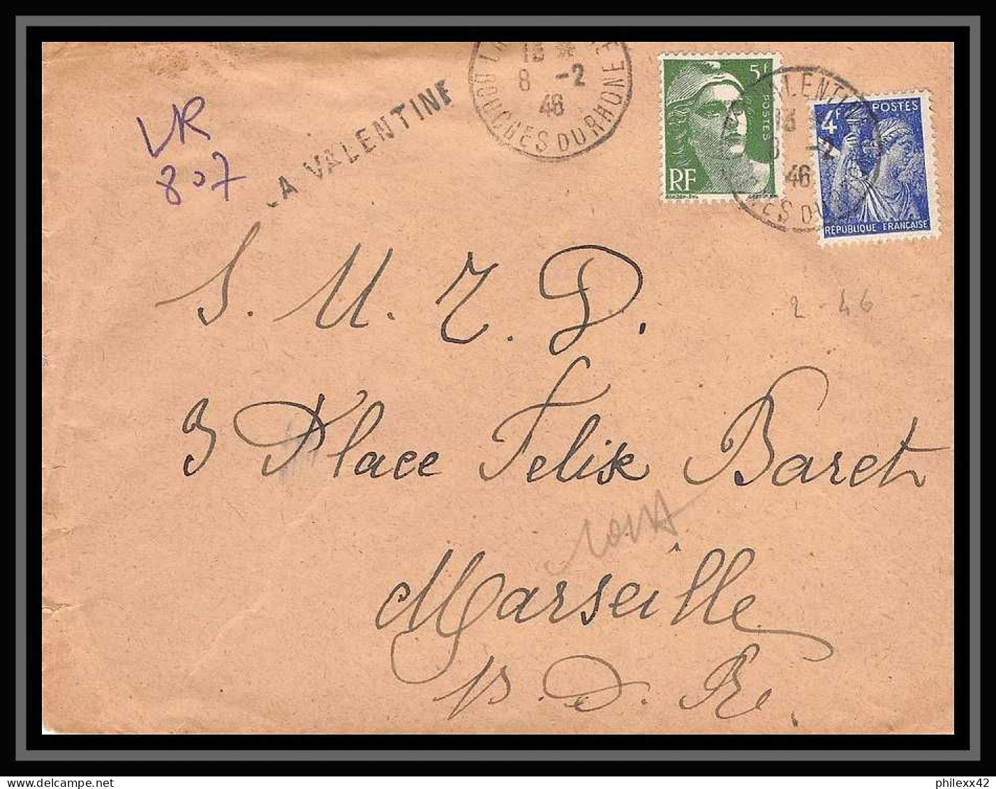 108006 Lettre Recommandé Provisoire Bouches Du Rhone Gandon Iris Marseille La Valentine 11946 - Temporary Postmarks