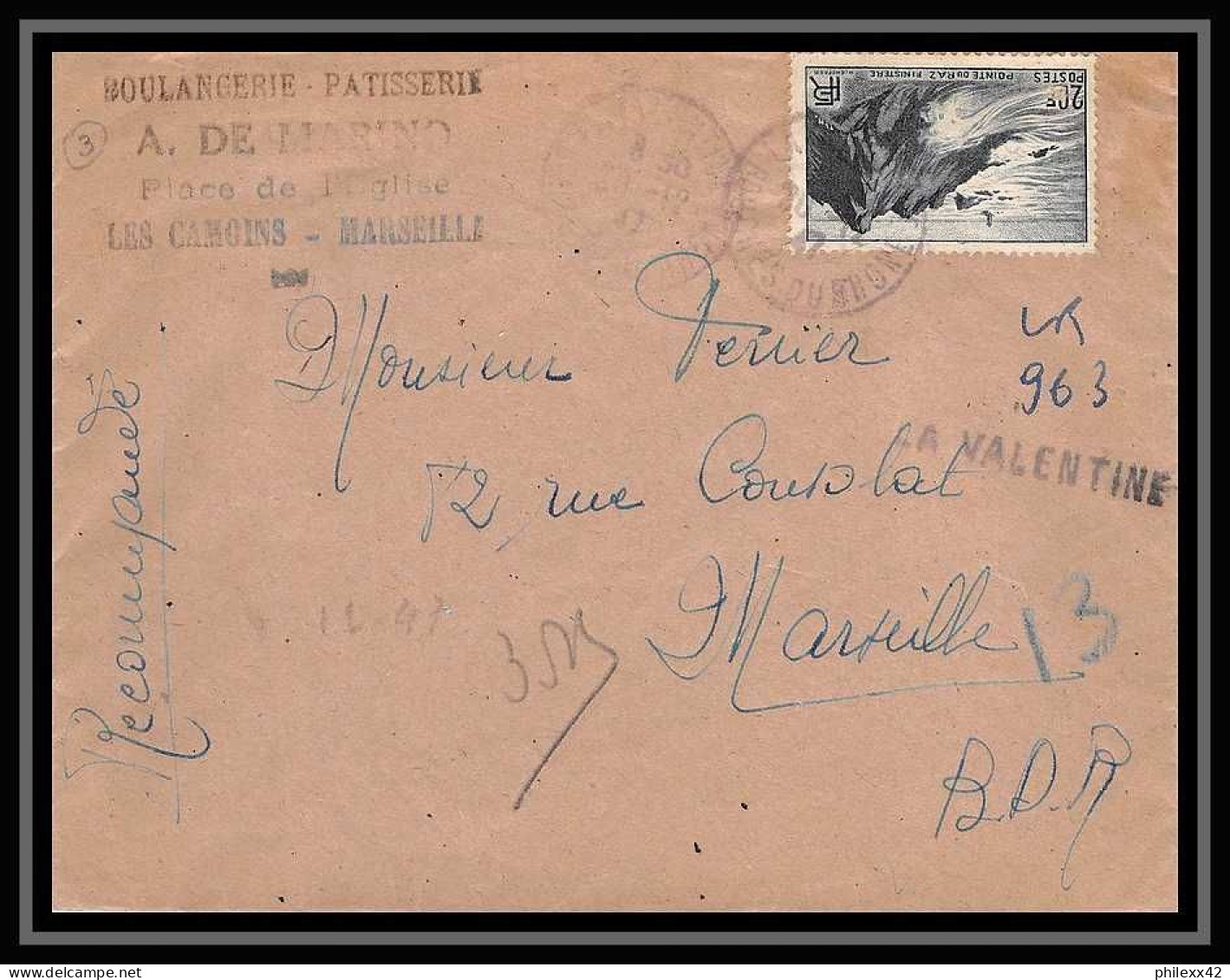 108005 Lettre Recommandé Provisoire Bouches Du Rhone N°764 Pointe Du Raz Marseille La Valentine 1947 - Tijdelijke Stempels