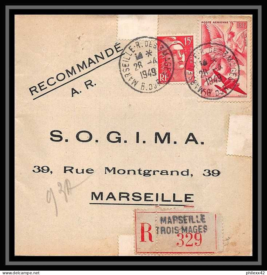 107877 Lettre Recommandé Cover Bouches Du Rhone Pa Poste Aerienne N°17 Iris Marseille Rue Des Trois Mages 1949 - 1960-.... Cartas & Documentos