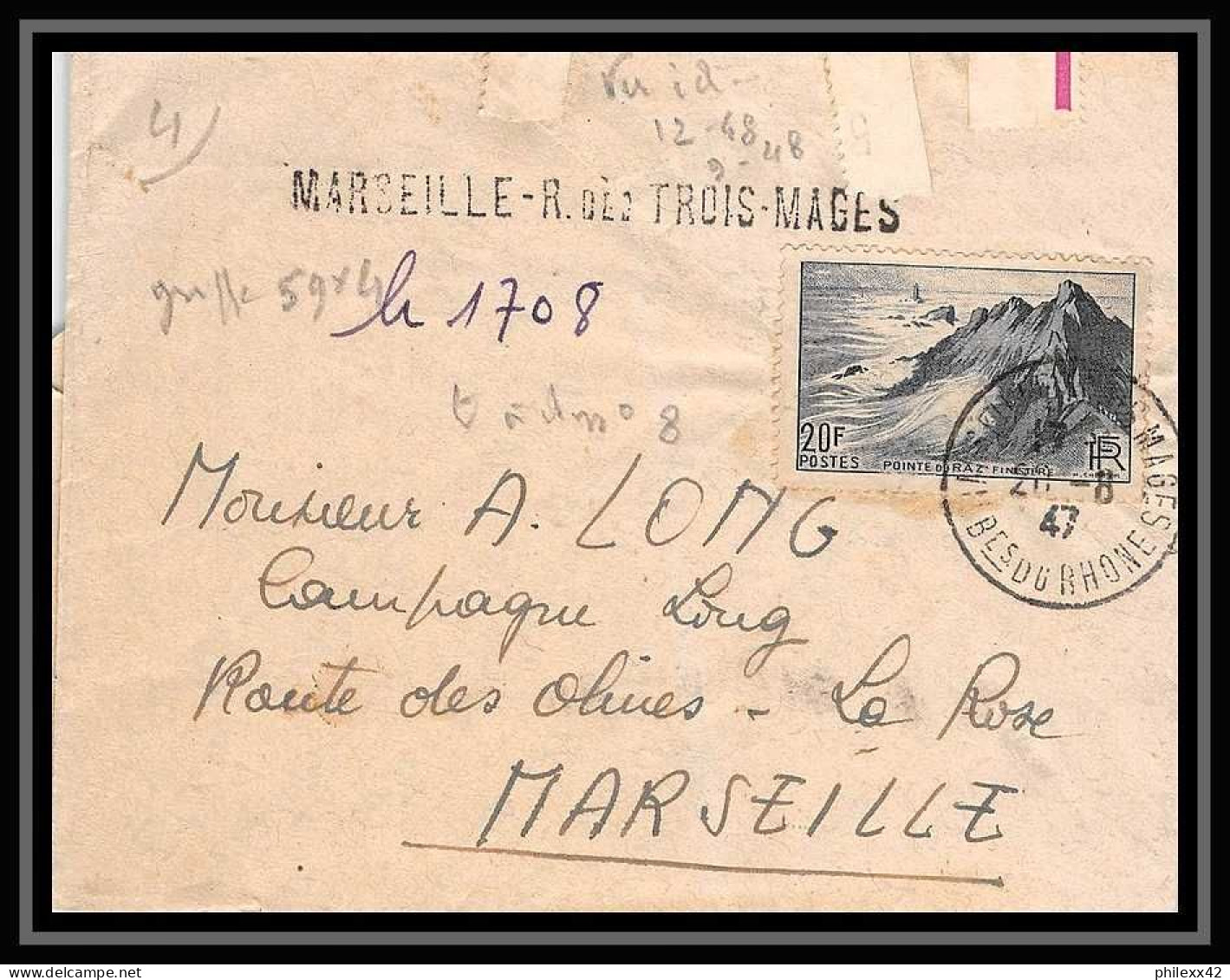 107871 Lettre Recommandé Provisoire Cover Bouches Du Rhone N°764 Pointe Du Raz Marseille Rue Des Trois Mages 1947 - Aushilfsstempel