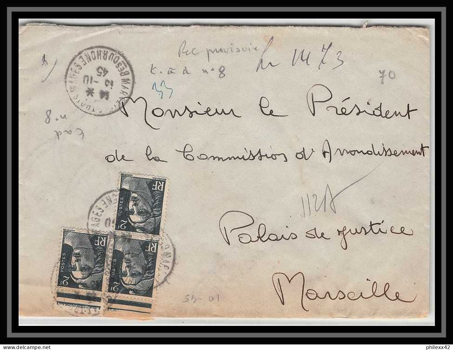 107868 Lettre Recommandé Provisoire Cover Bouches Du Rhone N°713 Gandon Marseille Rue Des Trois Mages 1945 - Temporary Postmarks