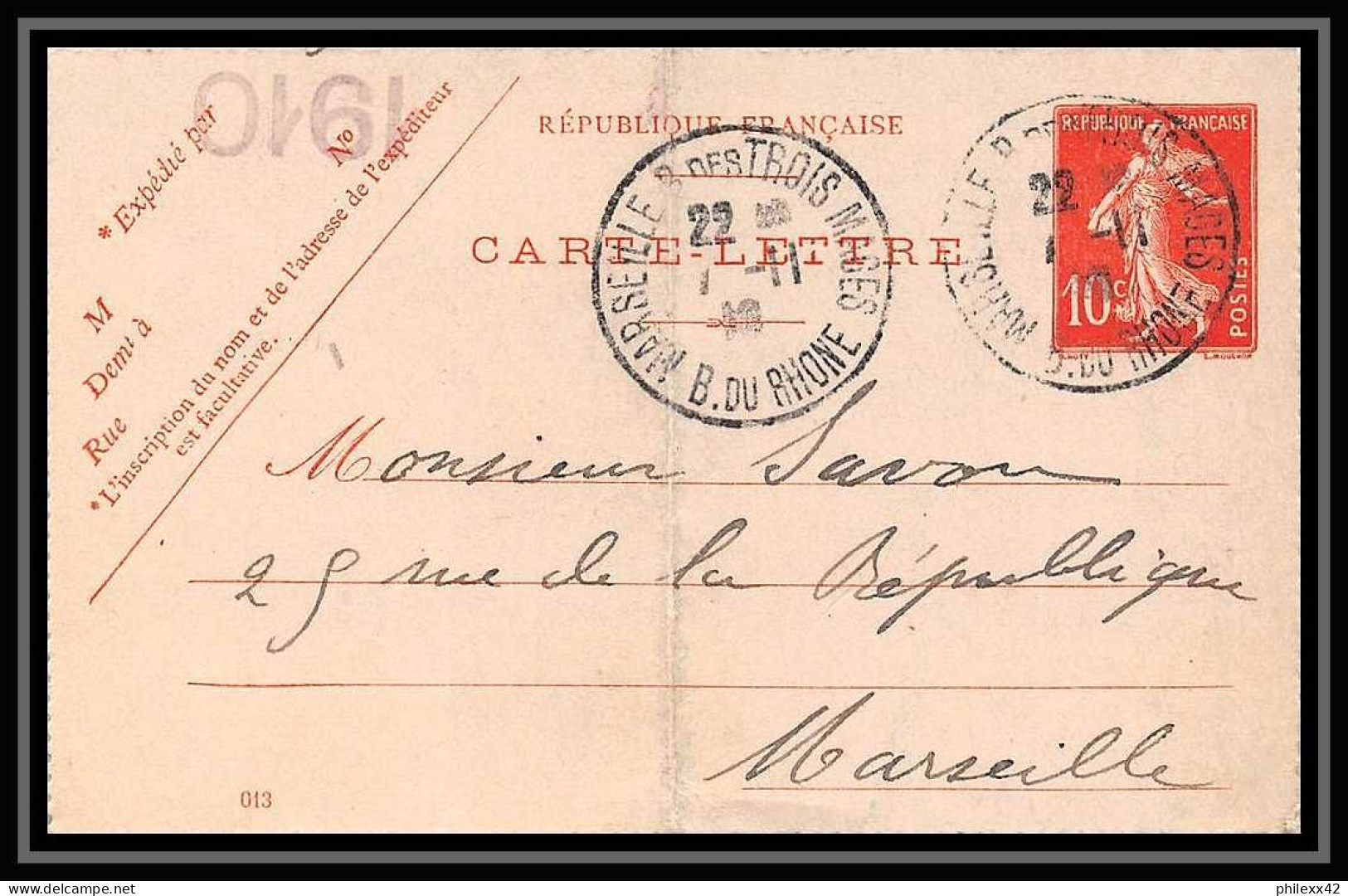 107818 Carte Lettre Entier Postal Stationery 10c Semeuse Bouches Du Rhone Marseille Rue Des Trois Mages 1910 - Cartoline-lettere