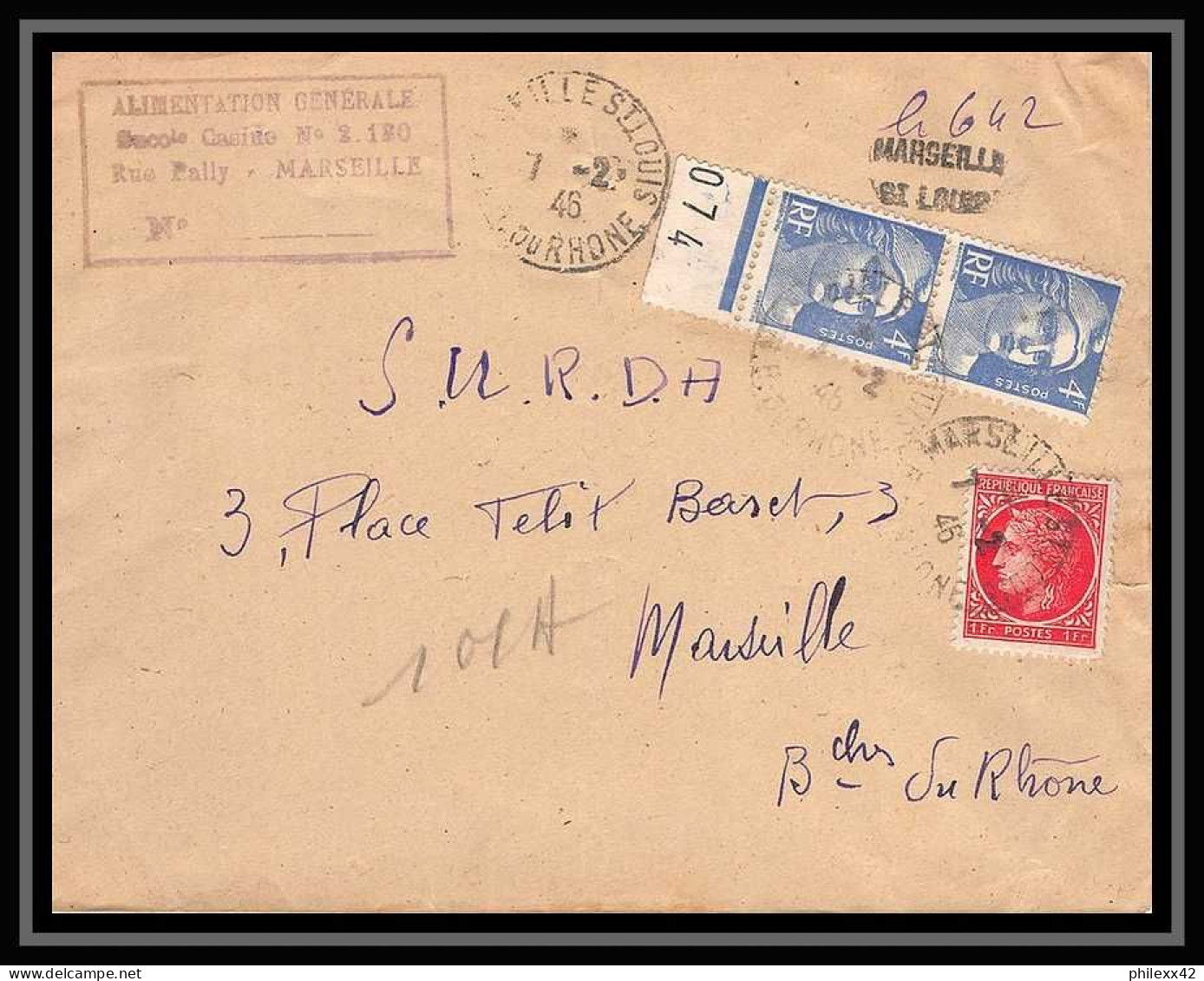 107507 Lettre Recommandé Provisoire Cover Bouches Du Rhone Gandon Iris Marseille Saint Loup 1946 - Aushilfsstempel