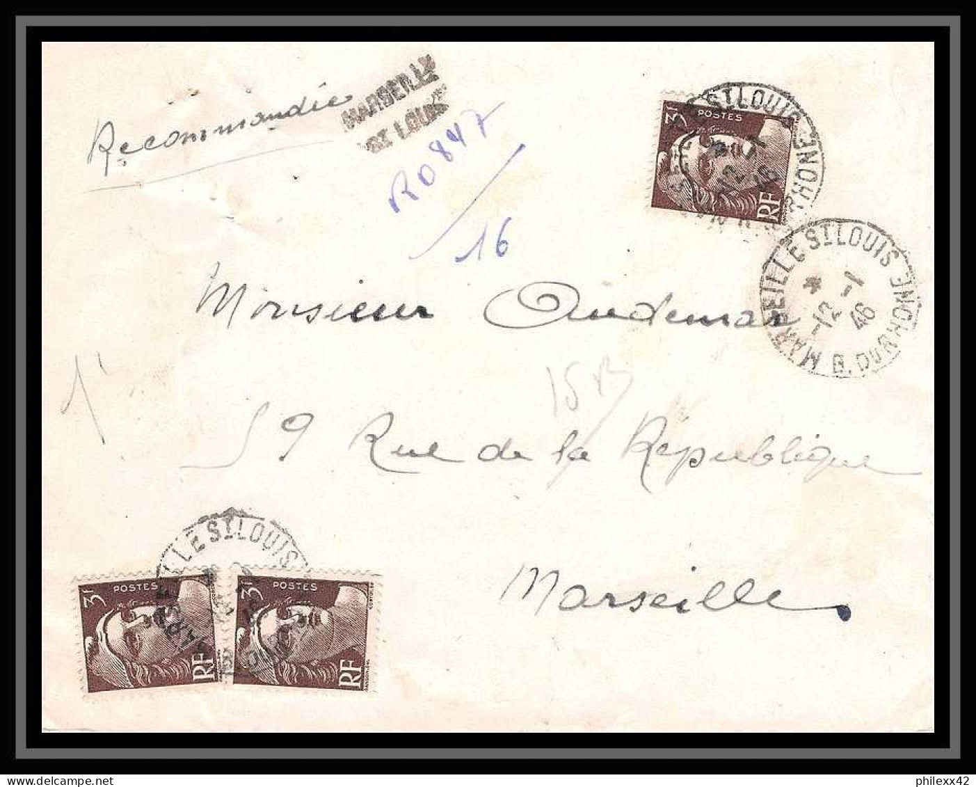 107448 Lettre Recommandé Provisoire Cover Bouches Du Rhone N°715 Gandon Marseille Saint Louis 1946 - Tijdelijke Stempels