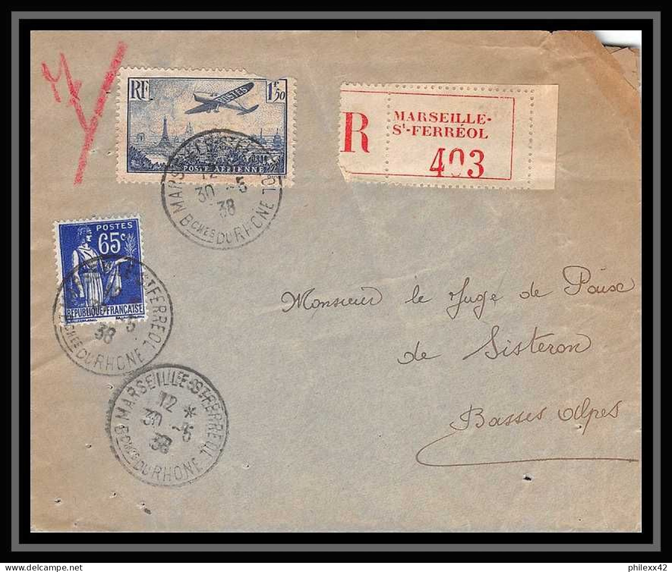 107133 Lettre Recommandé Cover Bouches Du Rhone Pa Poste Aerienne N°9 Marseille Place St Ferréol Pour Sisteron Alpes 193 - 1960-.... Lettres & Documents