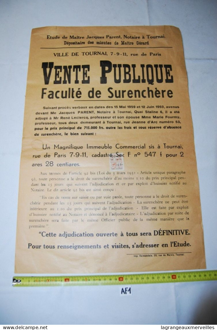 AF1 Affiche - Vente Publique Notaire - Tournai - Notaire Gérard - 1959 N°8 - Manifesti