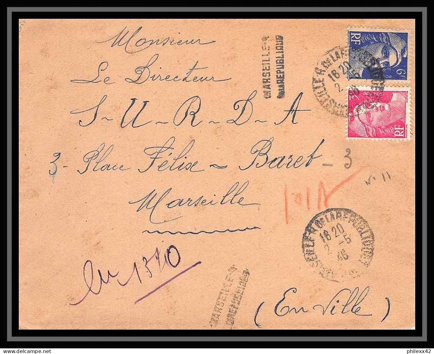 107070 Lettre Recommandé Provisoire Cover Bouches Du Rhone Gandon Marseille République 1946 - Matasellos Provisorios