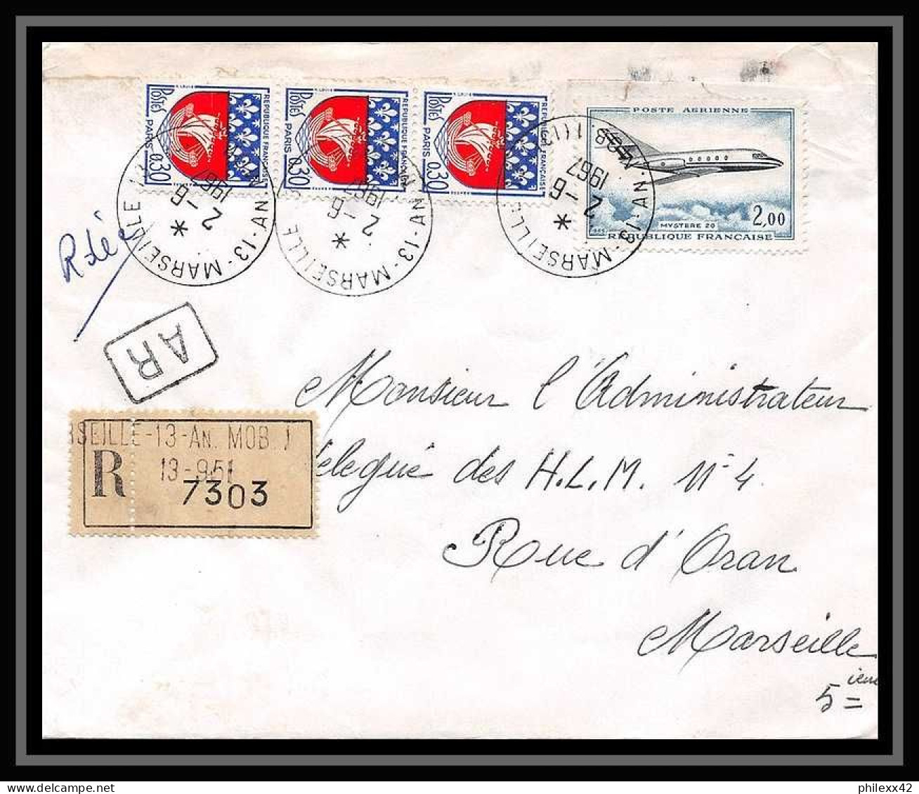 107009 Lettre Recommandé Cover Bouches Du Rhone Pa Poste Aerienne N°42 Mystère 20 Marseille Saint Just 1967 - Oeufs