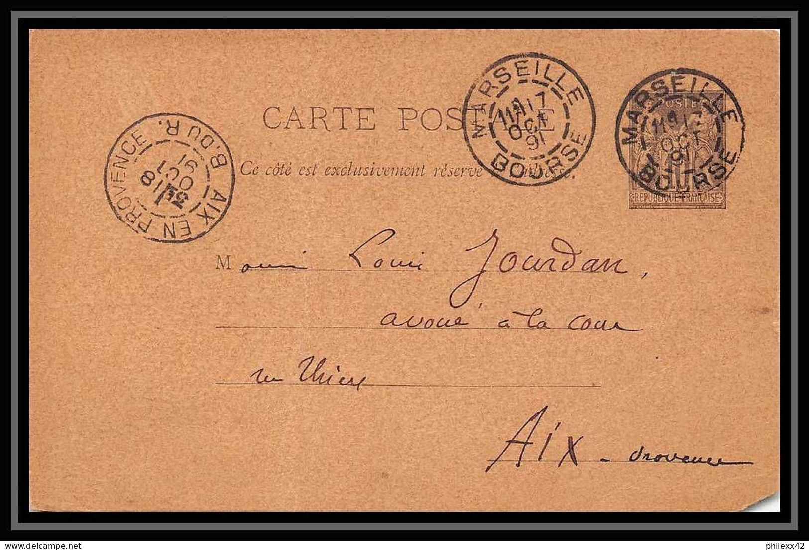 108990 Carte Postale Entier Postal Stationery Bouches Du Rhone 10 Sage 1891 Marseille Bourse Daguin - Standard Postcards & Stamped On Demand (before 1995)