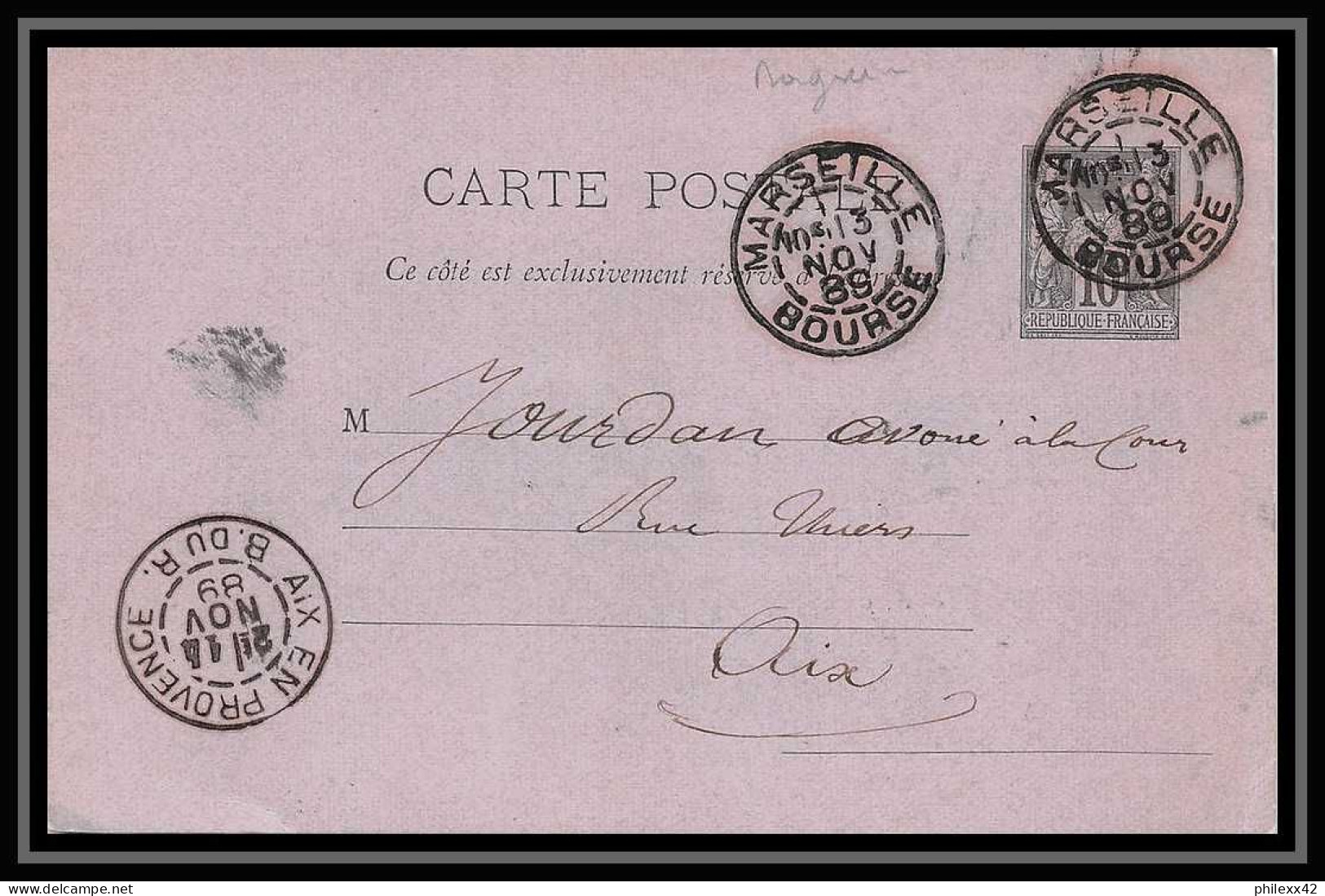 108979 Carte Postale Entier Postal Stationery Bouches Du Rhone 10c Sage 1889 Marseille Bourse  - Postales Tipos Y (antes De 1995)