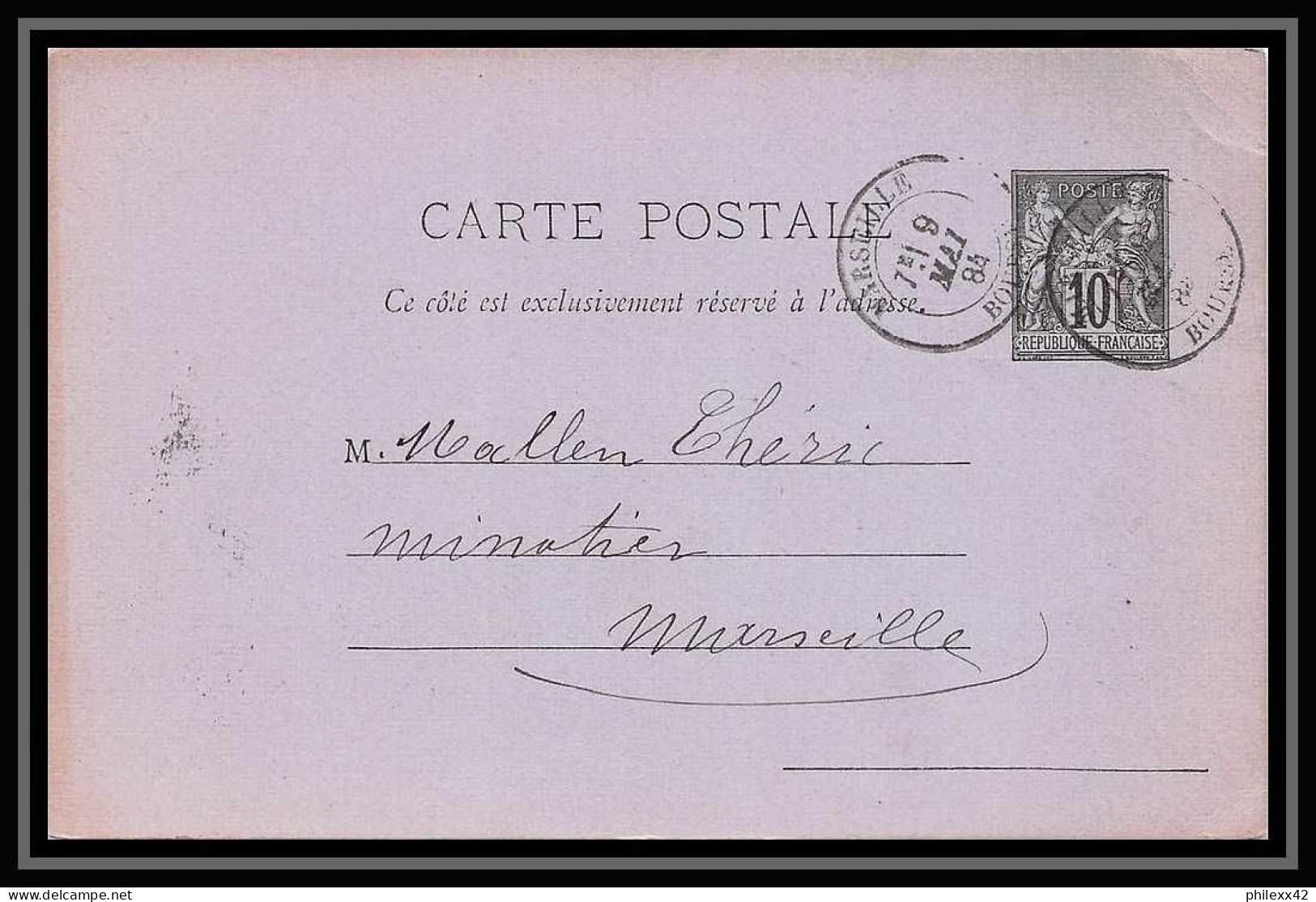 108966 Carte Postale (postcard) Entier Postal (Stamped Stationery) Bouches Du Rhone 10c Sage 1884 Marseille Bourse - Standard- Und TSC-AK (vor 1995)