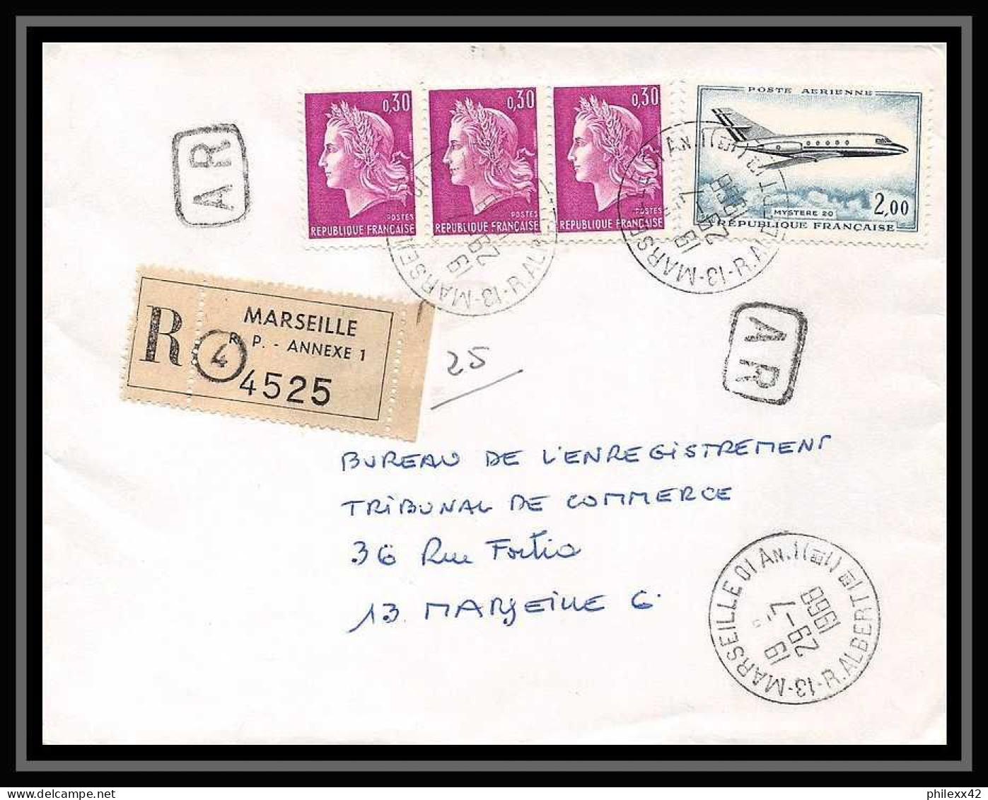 108748 Lettre Recommandé Cover Bouches Du Rhone Pa Poste Aerienne N°42 Mystère 20 Marseille RP Annexe 1 1968 - 1960-.... Lettres & Documents