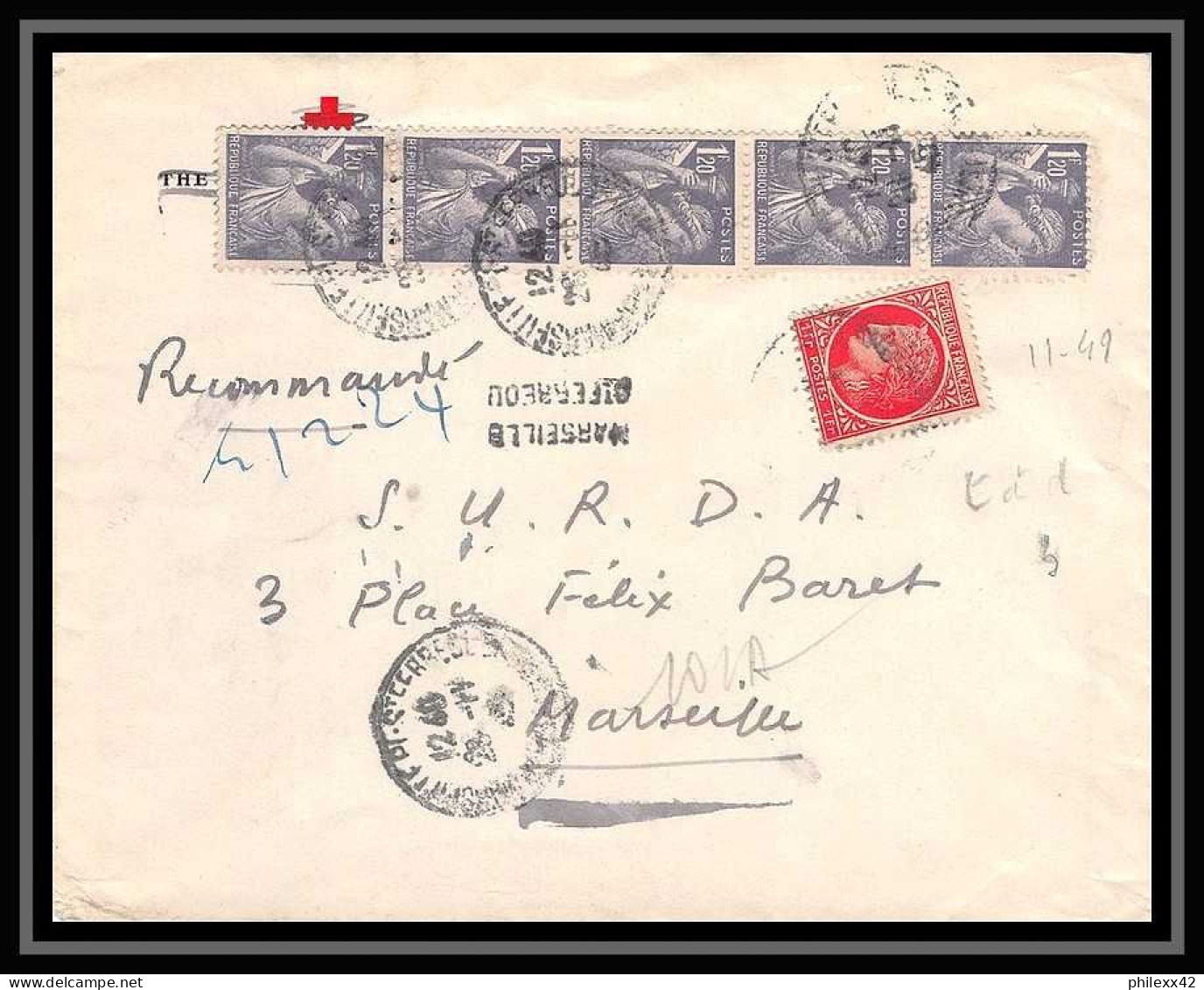 108383 Lettre Recommandé Provisoire Cover Bouches Du Rhone Iris + Mazelin 1949 Marseille PL Saint Ferréol - Cachets Provisoires