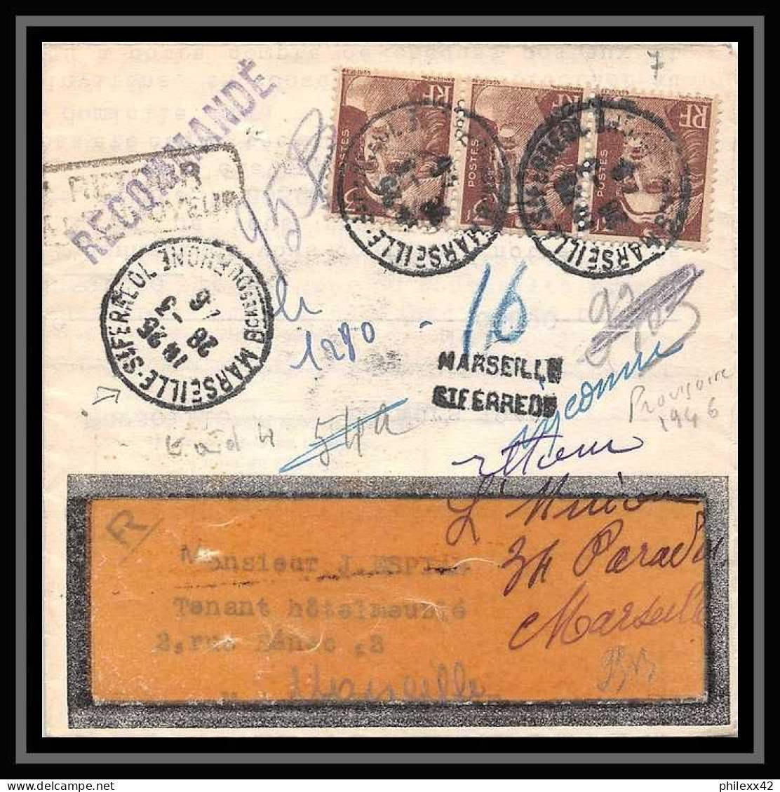 108381 Lettre Recommandé Provisoire Cover Bouches Du Rhone N°715 Gandon Marseille PL Saint Ferréol 1946 - Bolli Provvisori