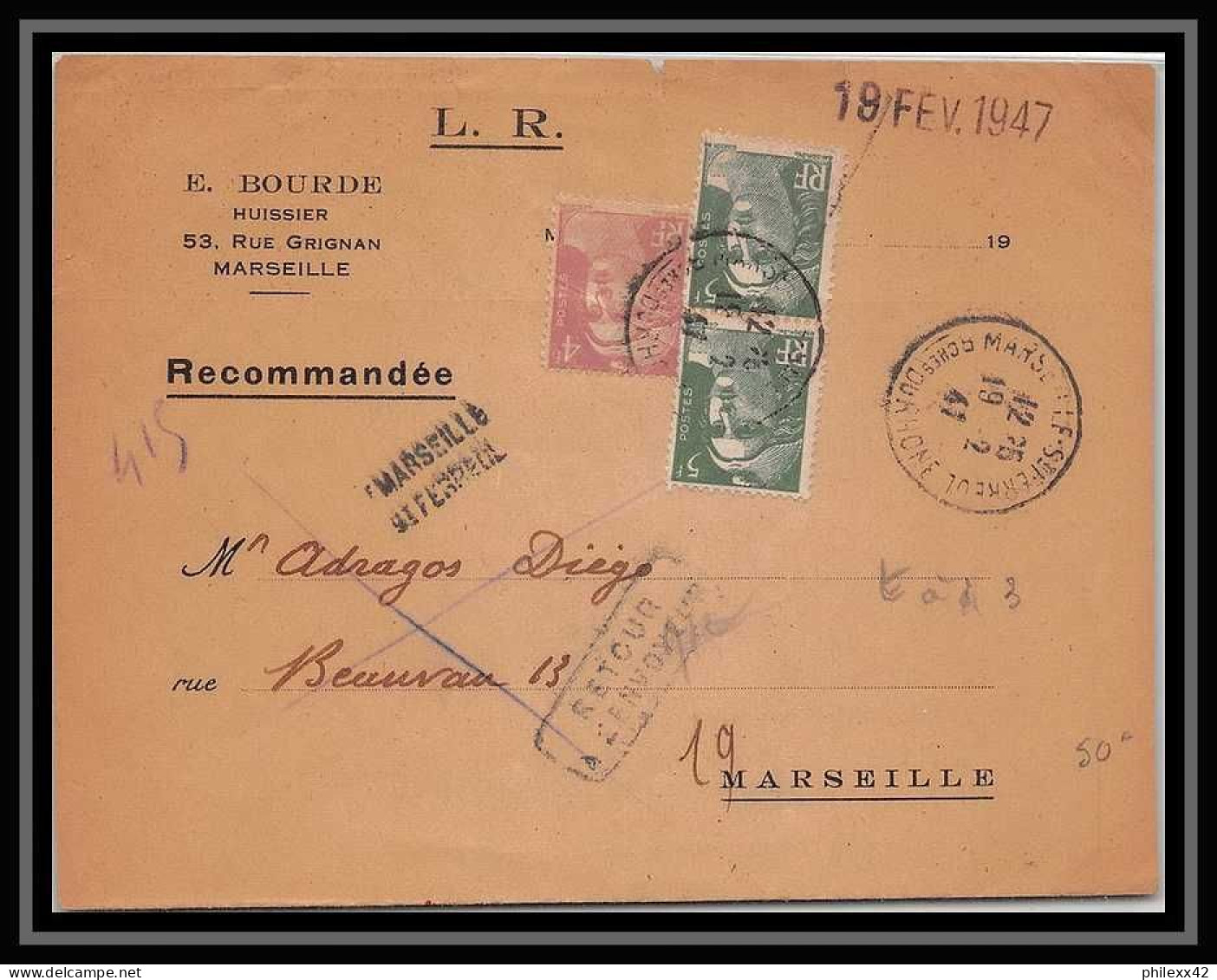 108382 Lettre Recommandé Provisoire Cover Bouches Du Rhone Gandon 1941 Marseille PL Saint Ferréol - Matasellos Provisorios