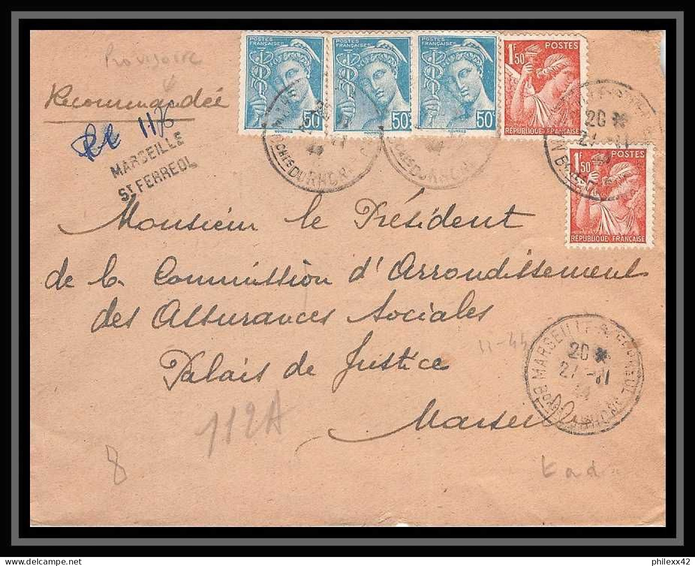 108378 Lettre Recommandé Provisoire Bouches Du Rhone Mercure Iris Affranchissement Compose 1944 Marseille Saint Ferréol - Temporary Postmarks