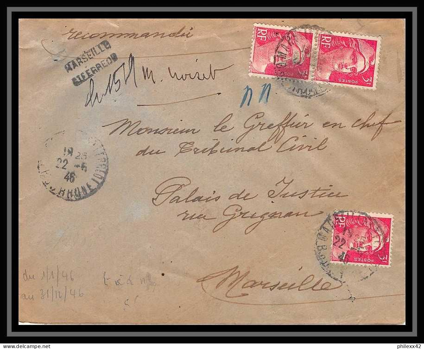 108364 Lettre Recommandé Provisoire Cover Bouches Du Rhone N°716 Gandon 1946 Marseille Pl Saint Ferréol - Tijdelijke Stempels