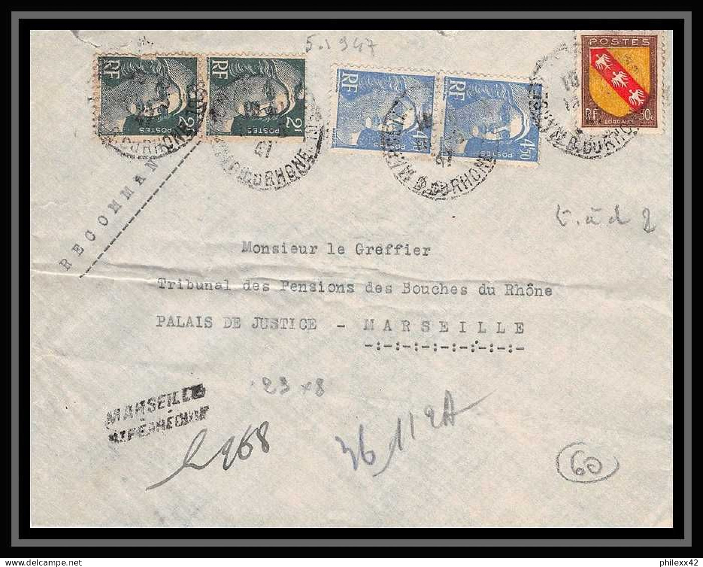 108241 Lettre Recommandé Provisoire Bouches Du Rhone Gandon 1947 Marseille Saint Ferréol - Bolli Provvisori