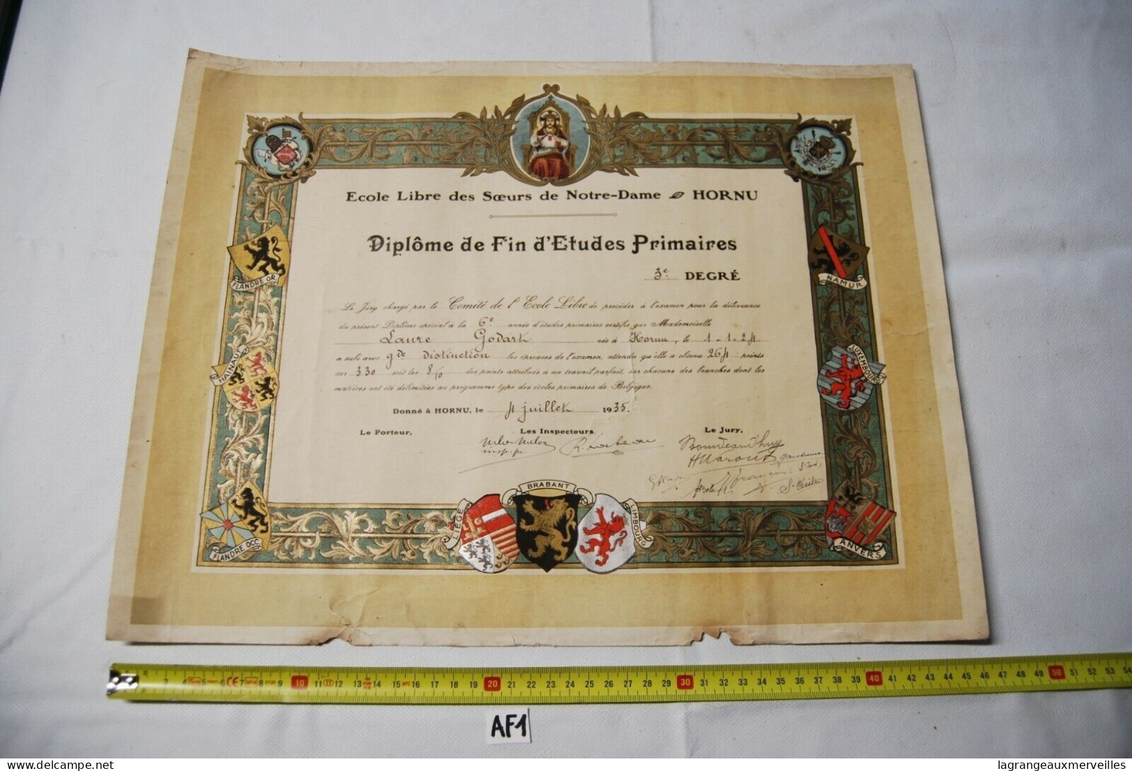 AF1 Ancien Certificat D'études Primaires - Hornu - 1935 - Diplomas Y Calificaciones Escolares