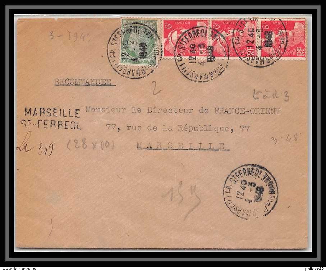 108162 Lettre Recommandé Provisoire Bouches Du Rhone N°721a X3 Gandon Mazelin 1949 Marseille Saint Ferréol - Cachets Provisoires