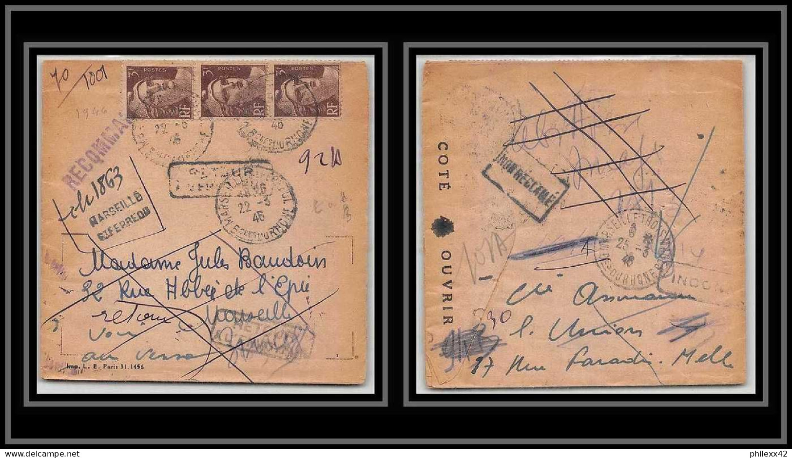 108165 Lettre Recommandé Provisoire Bouches Du Rhone N°715 Gandon X3 1946 Marseille Saint Ferréol - Temporary Postmarks