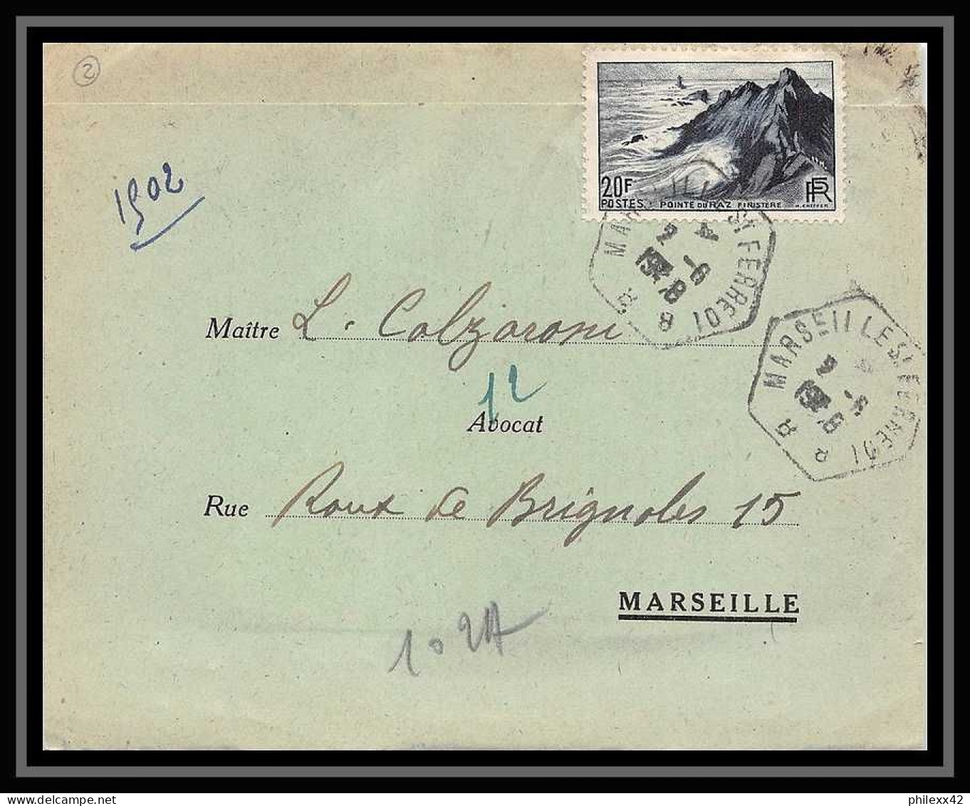 108153 Lettre Recommandé Provisoire Bouches Du Rhone N°764 Pointe Du Raz 1948 Marseille Saint Ferréol Hexagonale - Aushilfsstempel