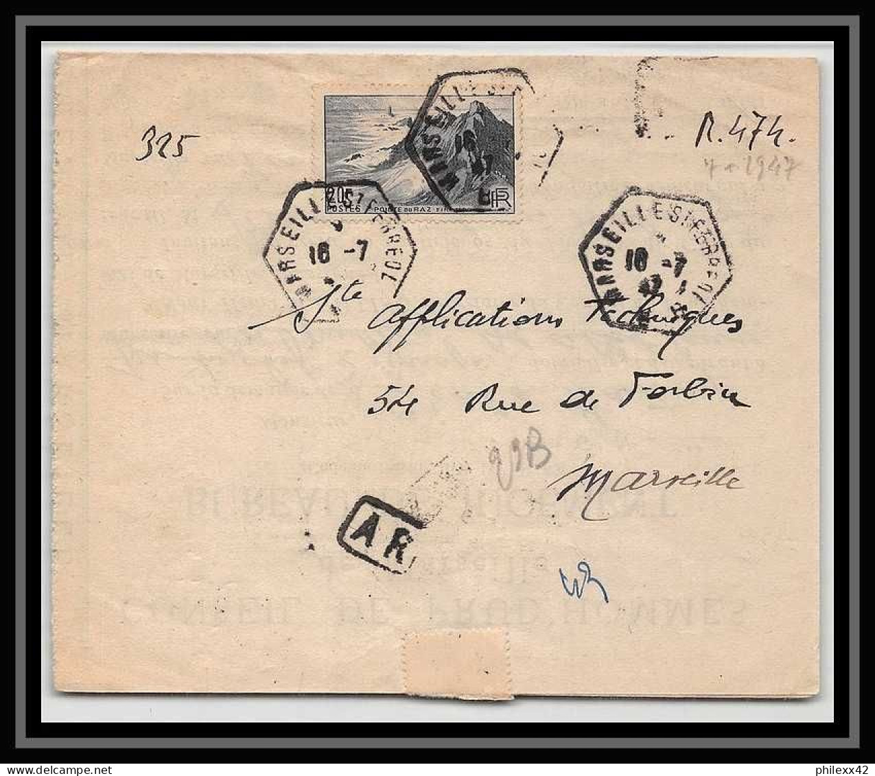 108152 Lettre Recommandé Provisoire Bouches Du Rhone N°764 Pointe Du Raz 1947 Marseille Saint Ferréol Hexagonale - Temporary Postmarks