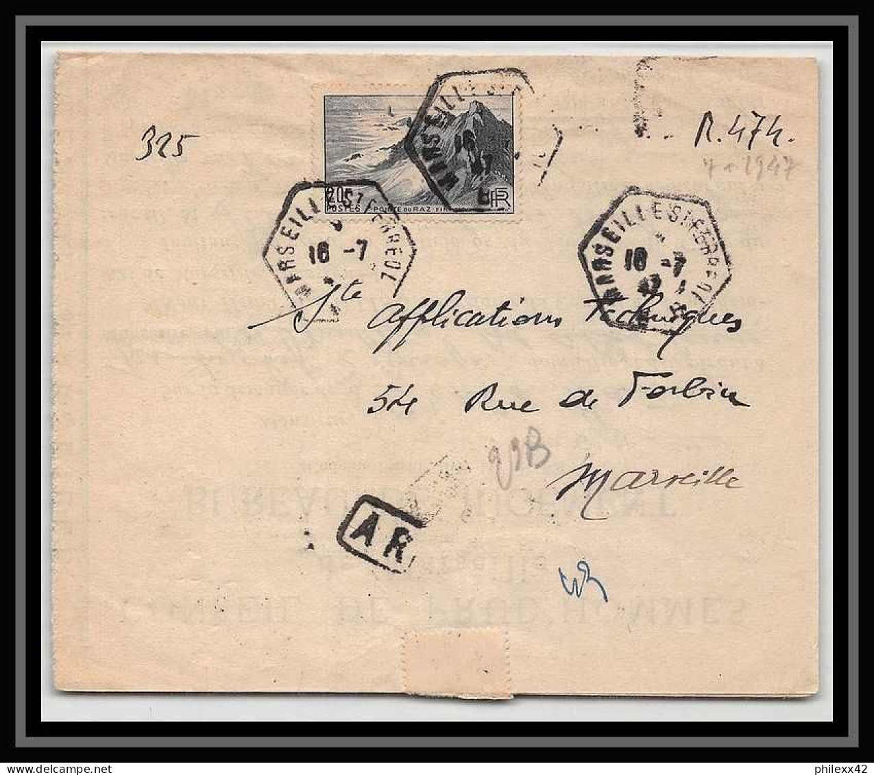 108152 Lettre Recommandé Provisoire Bouches Du Rhone N°764 Pointe Du Raz 1947 Marseille Saint Ferréol Hexagonale - Aushilfsstempel