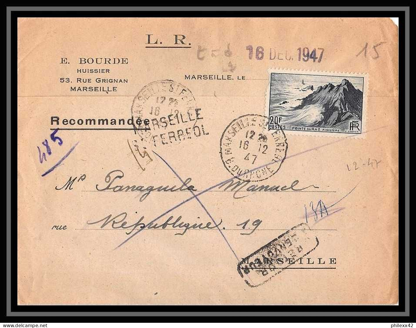 108069 Lettre Cover Bouches Lettre Recommandé Provisoire N°764 Pointe Du Raz Marseille Saint Ferréol 1947 - Cachets Provisoires