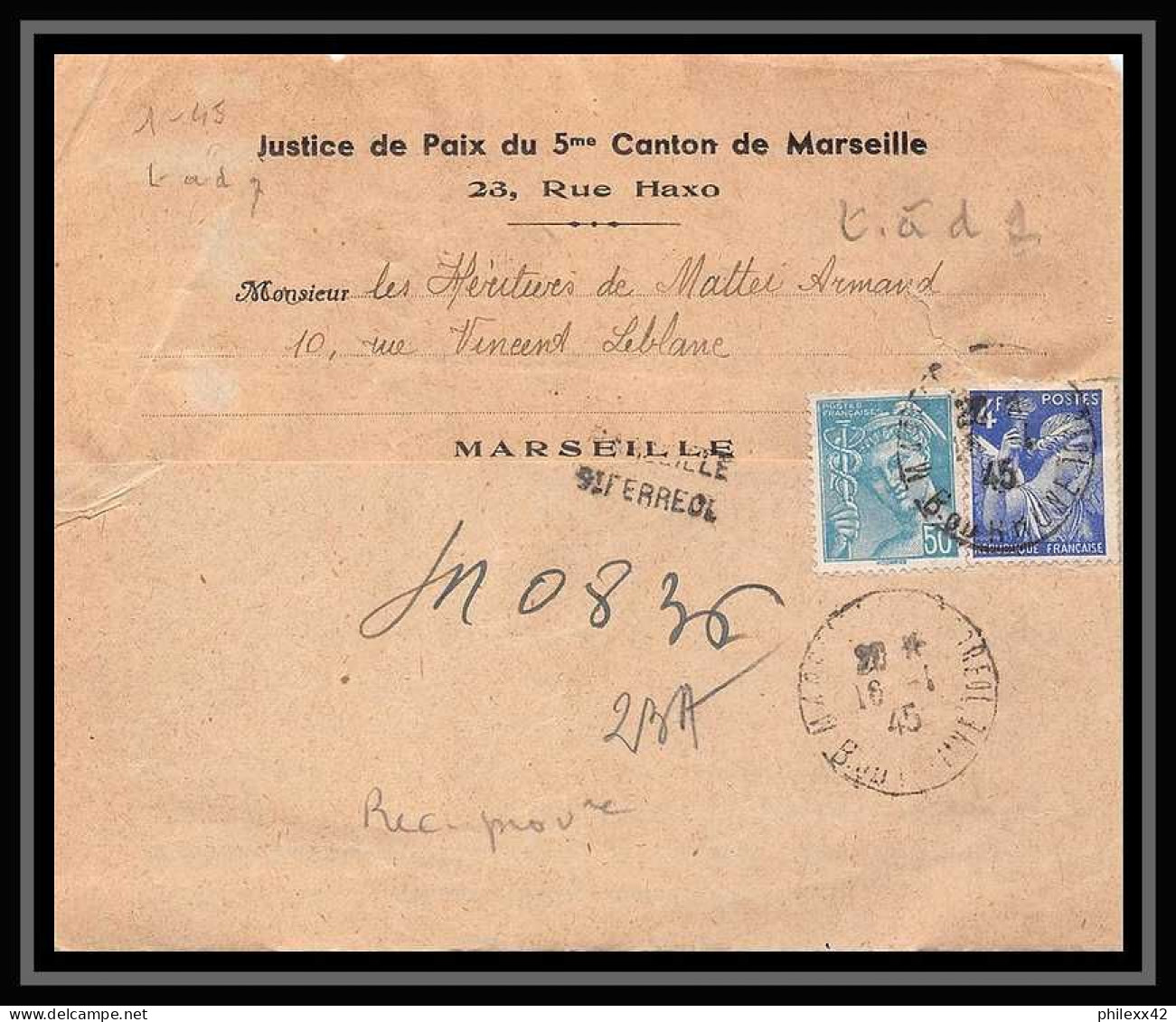 108068 Lettre Cover Bouches Lettre Recommandé Provisoire Mercure + Iris Marseille Saint Ferréol 1945 - Cachets Provisoires