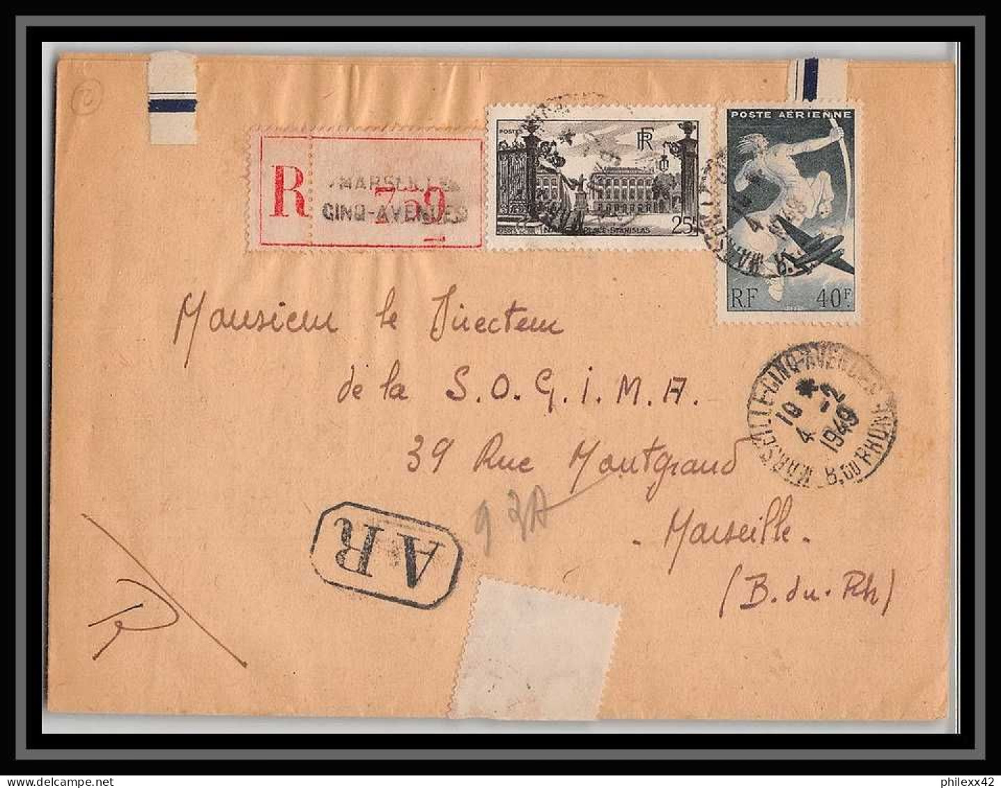 109934 Lettre Recommandé Cover Bouches Du Rhone PA Poste Aerienne N°16 Sagittaire 1949 Marseille Cinq Avenues - 1960-.... Storia Postale