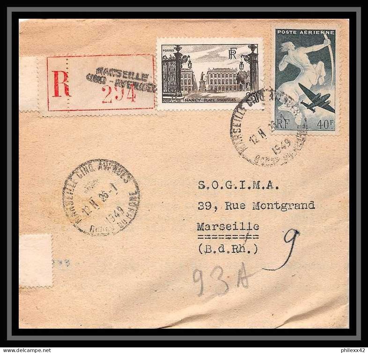 109938 Lettre Recommandé Cover Bouches Du Rhone PA Poste Aerienne N°16 Sagittaire 1949 Marseille Cinq Avenues - 1960-.... Cartas & Documentos