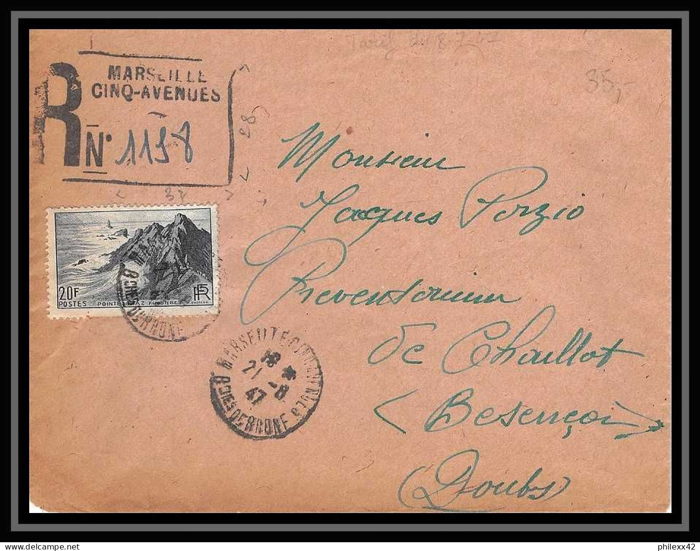 109929 Lettre Recommandé Provisoire Bouches Du Rhone N°764 Pointe Du Raz 1947 Marseille Cinq Avenues Pour Besancon Doubs - Temporary Postmarks