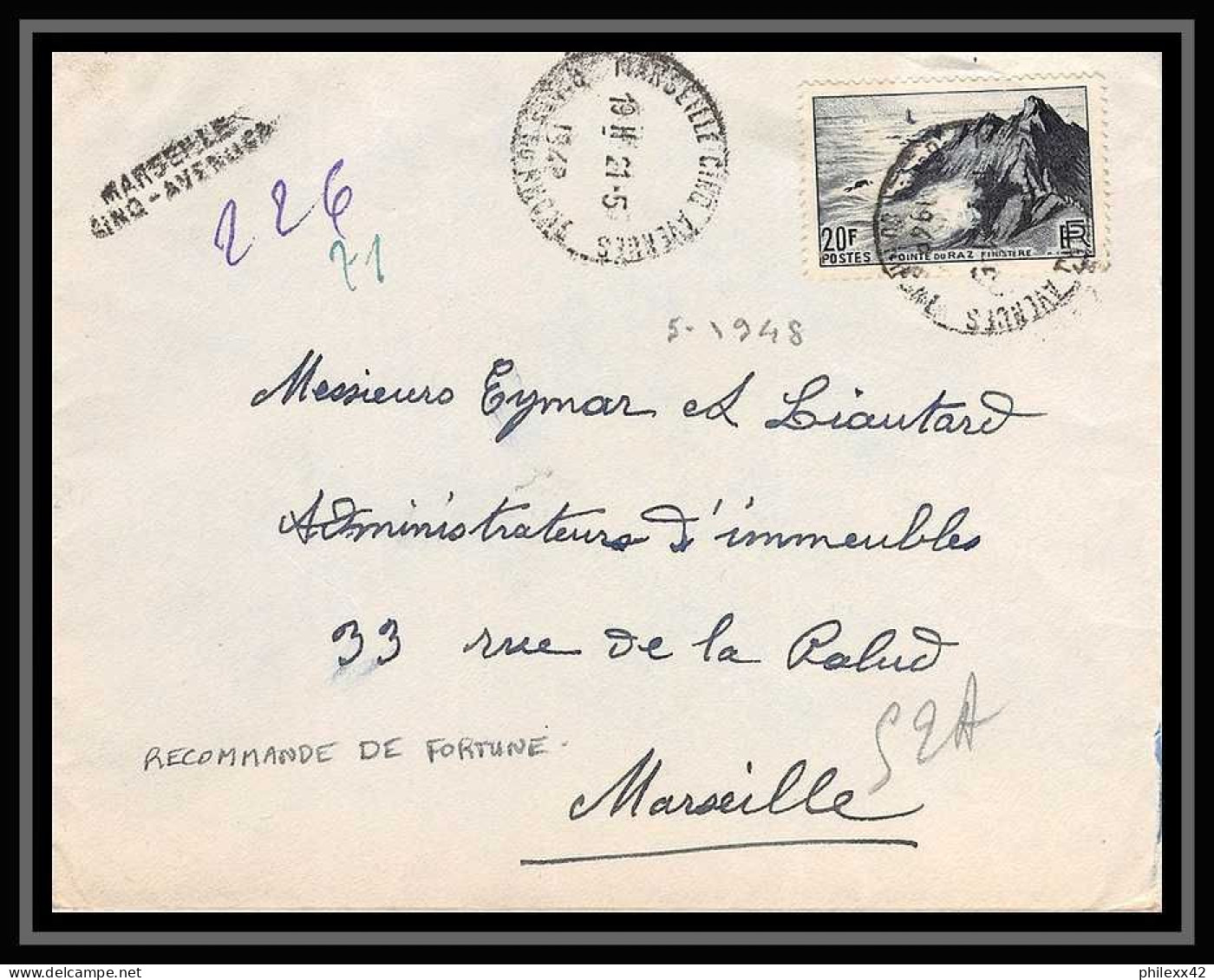 109933 Lettre Recommandé Provisoire Cover Bouches Du Rhone N°764 Pointe Du Raz 1948 Marseille Cinq Avenues - Cachets Provisoires