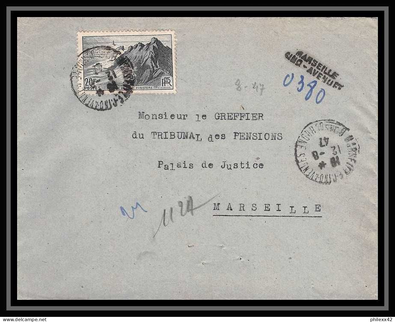 109932 Lettre Recommandé Provisoire Cover Bouches Du Rhone N°764 Pointe Du Raz 1947 Marseille Cinq Avenues - Cachets Provisoires