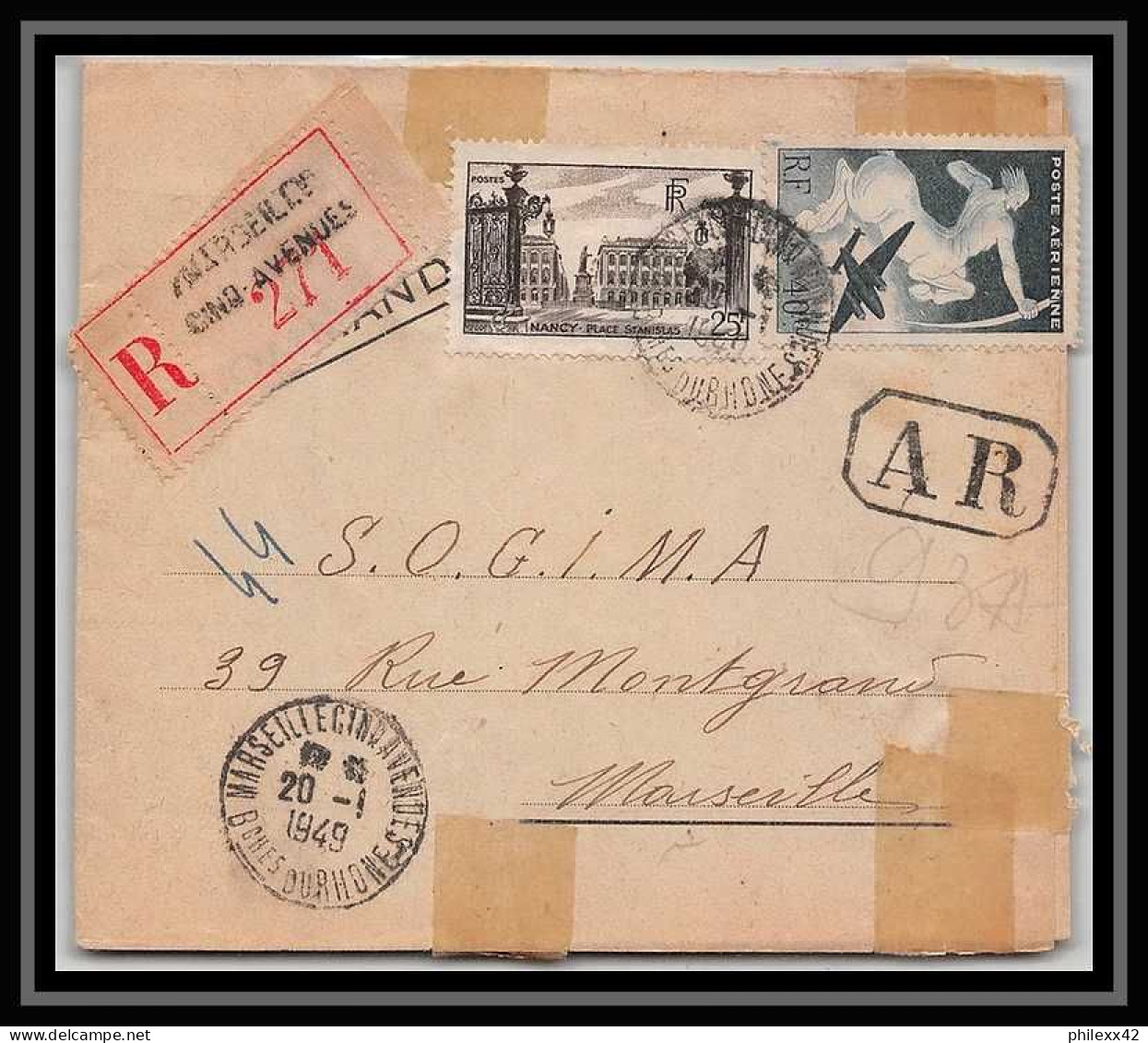 109924 Lettre Recommandé Cover Bouches Du Rhone PA Poste Aerienne N°16 Sagittaire 1949 Marseille Cinq Avenues A4 - 1960-.... Cartas & Documentos