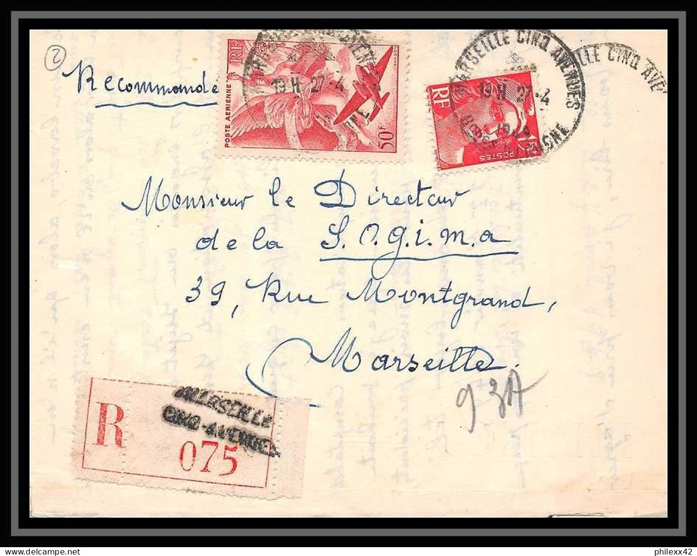 109918 Lettre Recommandé Cover Bouches Du Rhone PA Poste Aerienne N°17 Iris 1949 Marseille Cinq Avenues A5 - 1960-.... Brieven & Documenten