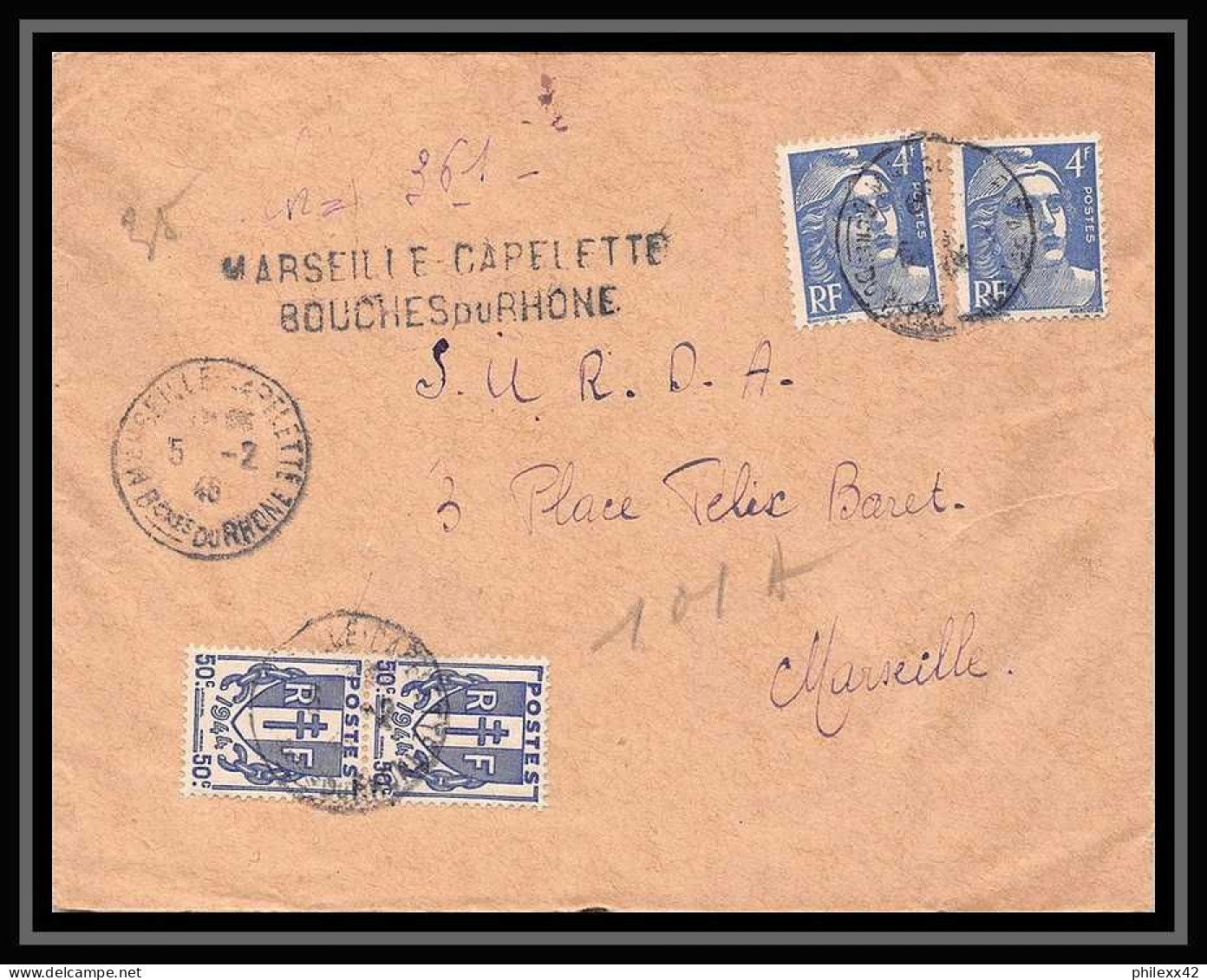 109235 Lettre Recommandé Provisoire Cover Bouches Du Rhone N°717 Gandon Chaines Brisees 1946 Marseille Capelette - Temporary Postmarks