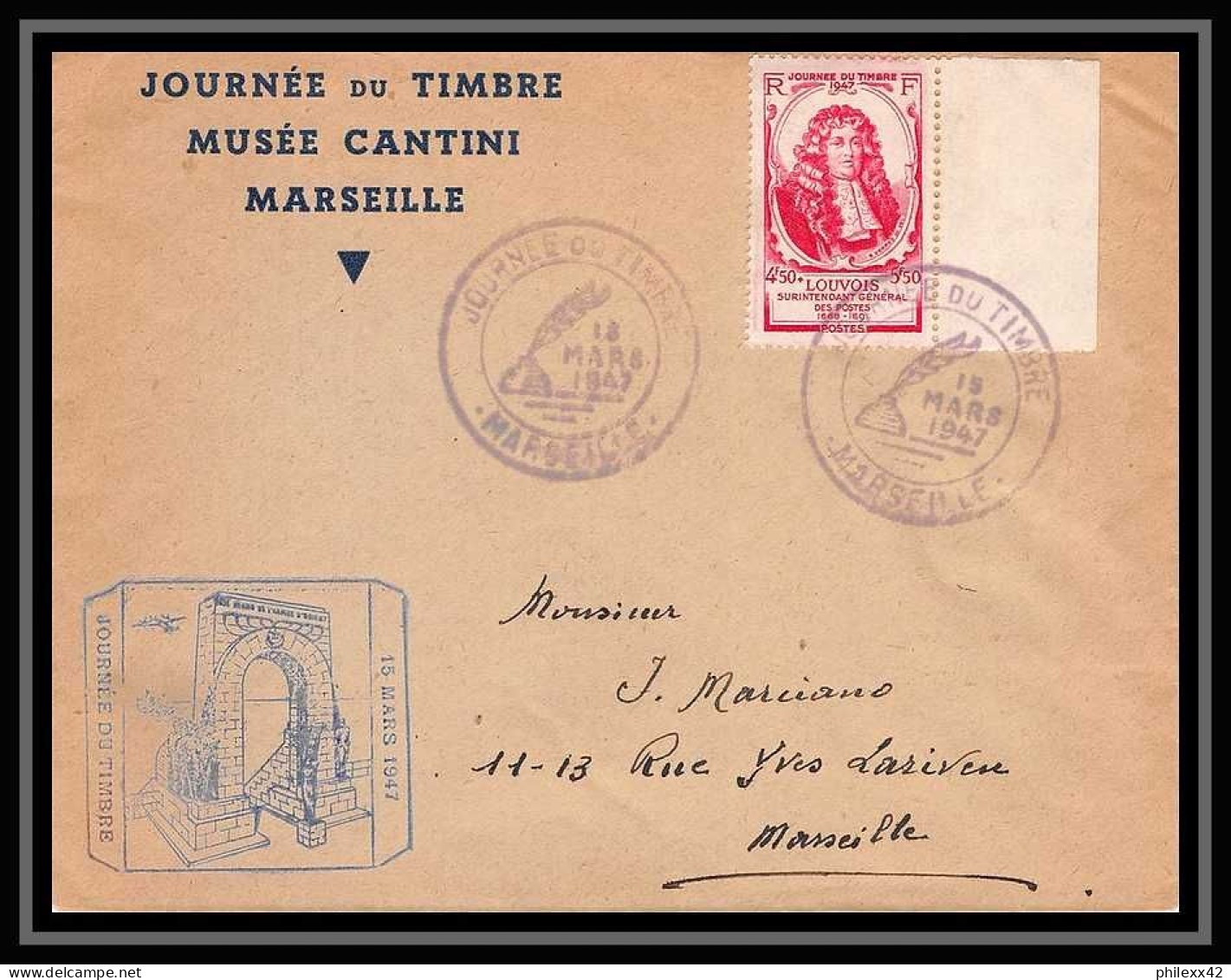 111019 Lettre Cover Bouches Du Rhone N°779 Le Tellier Marseille Journée Du Timbre 1947 FDC Premier Jour  - ....-1949