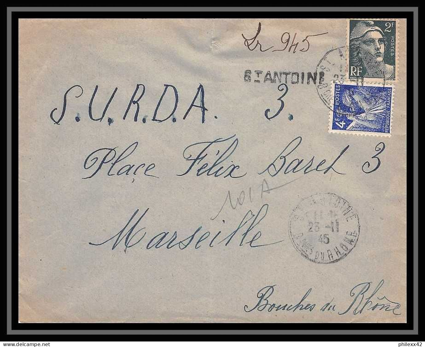 110773 Lettre Recommandé Provisoire Cover Bouches Du Rhone N°713 Gandon + Iris 1845 Marseille Saint Antoine  - Cachets Provisoires